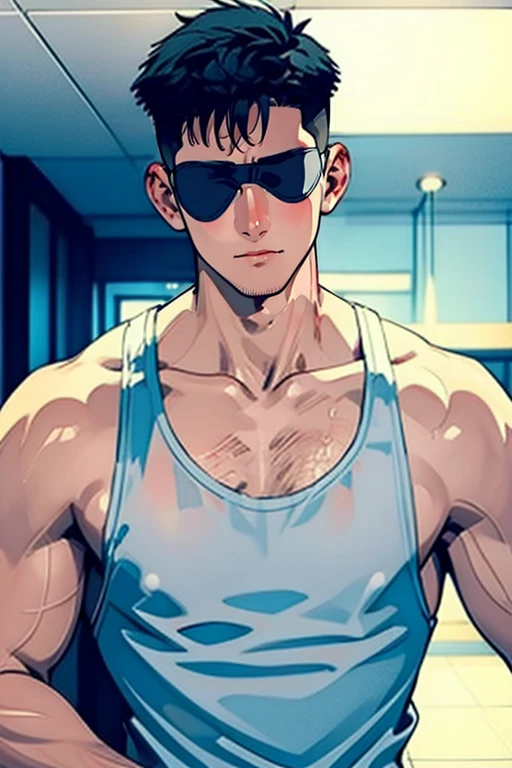 sexy eyepatch, 1boy, male focus, solo, realistic, black hair, tank top, white tank top, short hair, indoors, upper body, closed mouth <lora:sexy eyepatch:0.7> <lora:kk-1boy:0.7>