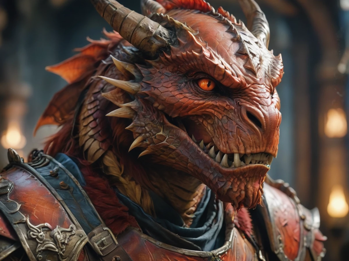 cinematic film still,close up,photo of a red Dragonborn,in the style of hyper-realistic d&d,full plate,sony fe 12-24mm f/2.8 gm,close up,32k uhd,light navy and light amber,kushan empire,amazing quality,wallpaper,analog film grain