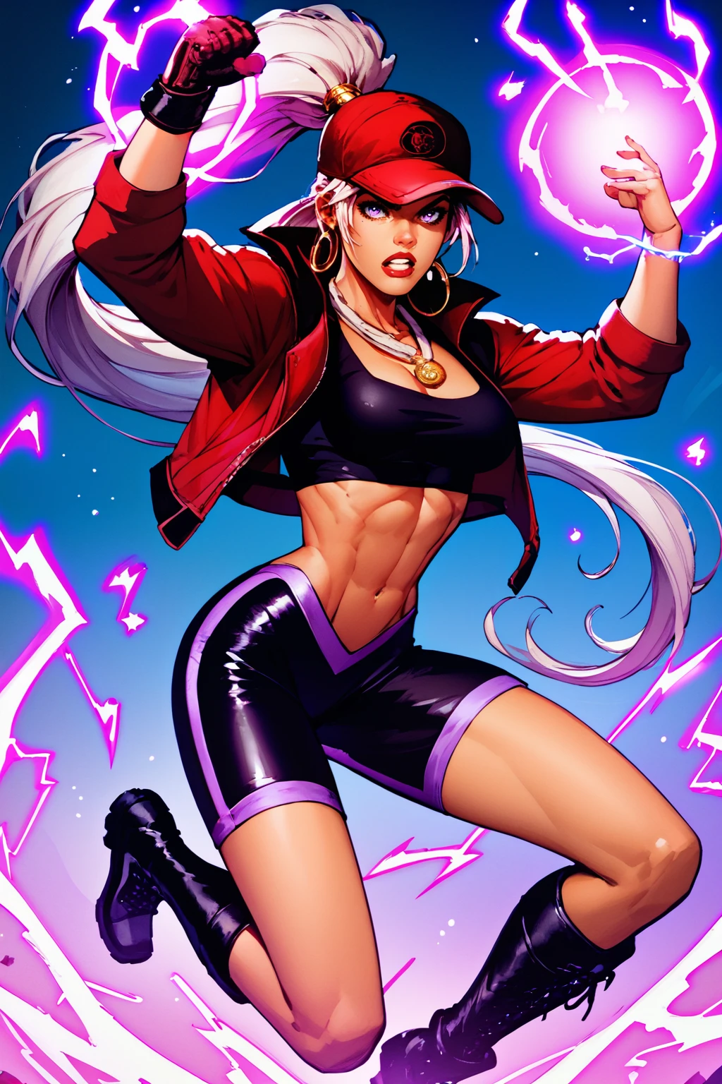 score_9, score_8_up, score_7_up, masterpiece, high quality
 <lora:SpellcasterPonyLora:0.8>1girl, long hair, ponytail, red baseball cap, necklace, hoop earrings, black tube top, red cropped jacket, single glove, midriff, black bike shorts:1.2, cleaverage, knee boots, electricity, purple magic, fighting pose