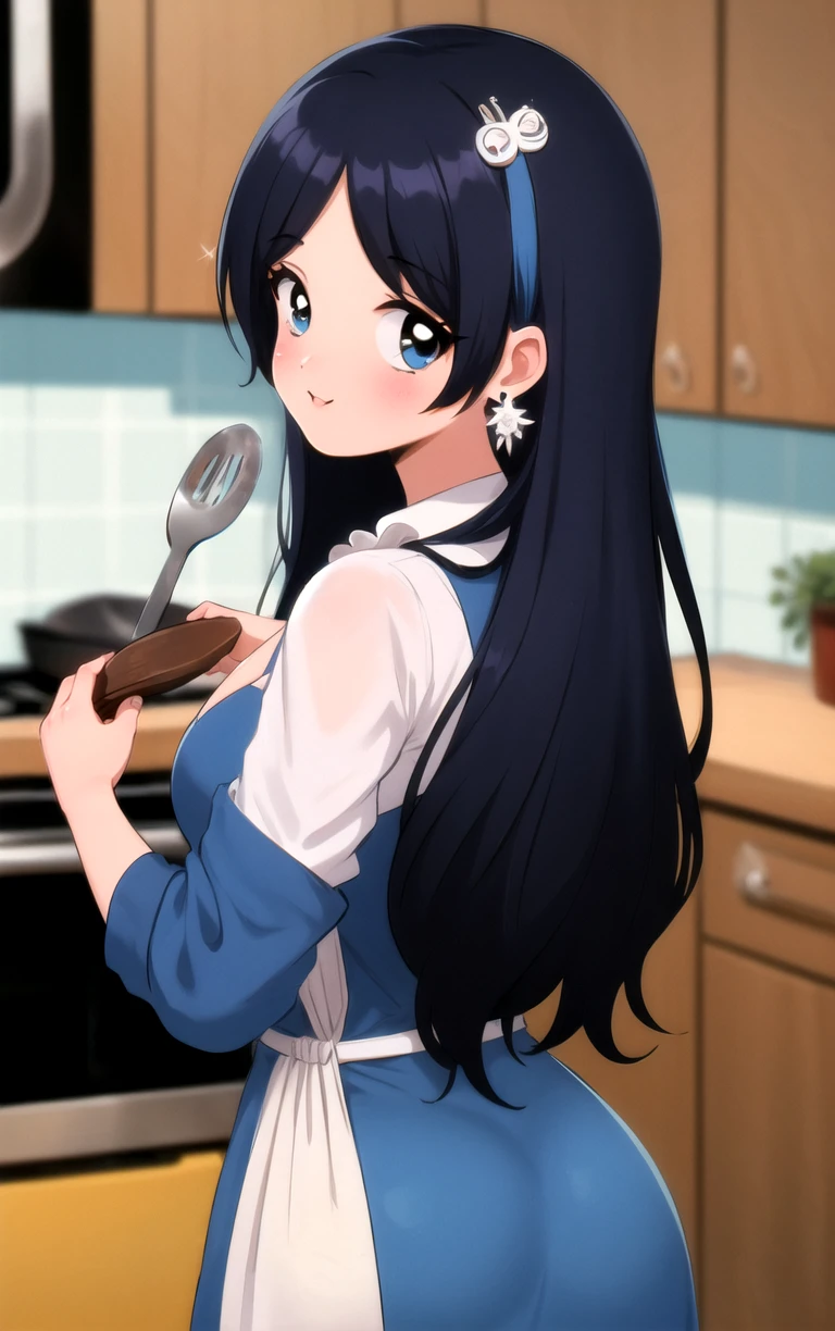 (masterpiece, best quality:1.4), insaneres, absurdres, solo, looking at viewer,BREAK 
ARTSTYLE_Cute90sAnime_ownwaifu,  
1girl, solo, long hair, jewelry, breasts, bangs, blush, earrings, bow, hair ornament, blue eyes, sparkle, dress, very long hair, shirt, heart, cleavage,
1990s \(style\),  retro artstyle,  
(looking back, from behind), cooking, frying pan, kitchen, indoors, <lora:ARTSTYLE_Cute90sAnime_ownwaifu:0.8> , depth of field