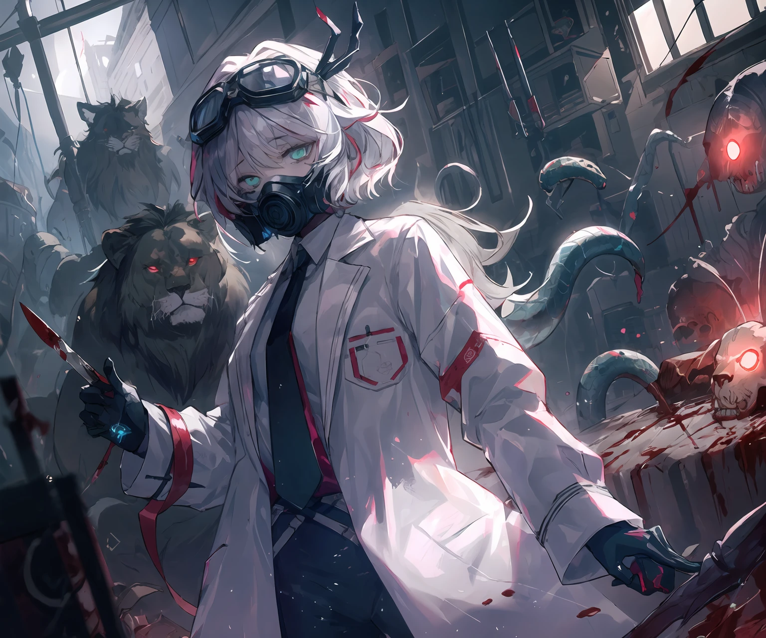masterpiece,best quality,highres,cinematic lighting,dramatic angle,1girl,<lora:ShadowverseSephieV1:0.8:lbw=jiangshi3>,white hair,green eyes,hair ornament,goggles,lab coat,black suit,necktie,holding operating knife,operating room,depth of field,looking at viewer,shaded face,(glowing eyes,:1.2),organs,blood and guts,mask,blood,cowboy shot,<lora:backlight_slider_v10:-1>,<lora:flat2:-0.5> ,corpse,brain,operation table,victims,blood bag,animal,chimera,lion,snake,scorpion tail