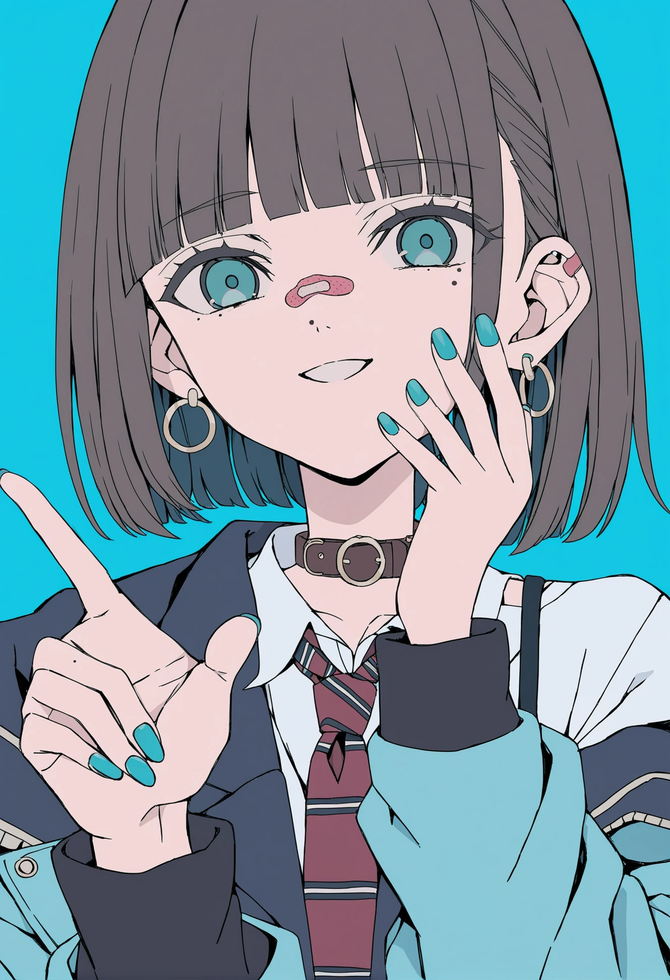 masterpiece, best quality,
1girl,
solo, bandaid, jewelry, bandaid on face, bandaid on hand, shirt, necktie, earrings, bandaid on nose, jacket, short hair, nail polish, simple background, upper body, parted lips, ring, mole under eye, looking at viewer, bangs, collared shirt, white shirt, mole, aqua nails, aqua background, striped necktie, long sleeves, collar, fingernails, brown hair, striped, choker, aqua jacket, aqua eyes, blue eyes, black hair, multicolored hair, flat color, aqua theme, red necktie, ear piercing, v, piercing, blazer, smile, white nails, hand up, off shoulder, necklace, long fingernails, w, straight-on, blue background, lips, blunt bangs, closed mouth
<lora:hakuhiruoeoeXLlokr-000056:1>