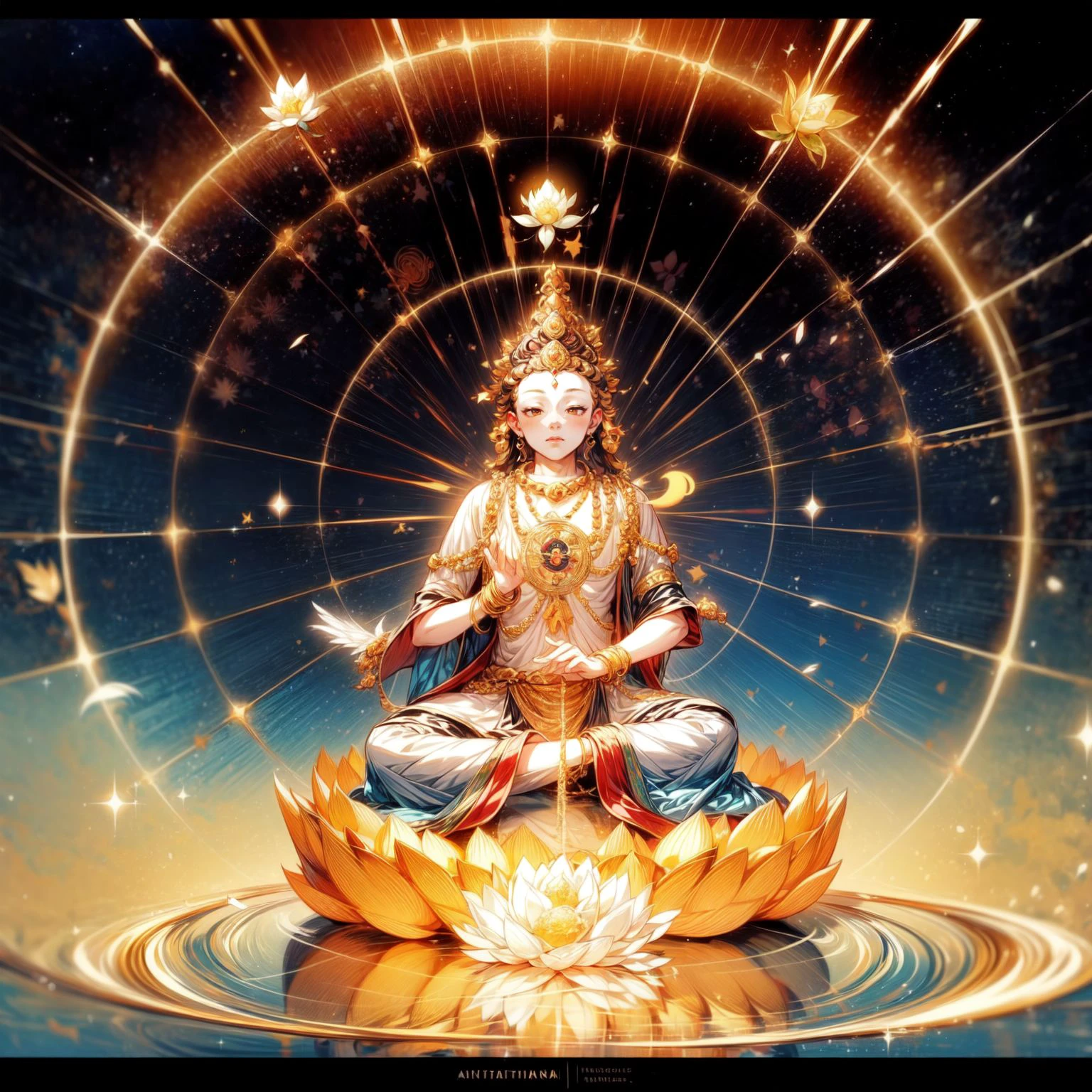 ((mantra)),vajrasattva,1boy,ocean,stars,starry sky,rainbow,night,sun,crown,necklace,circle,sitting on lotus,(lotus),jewelry,bracelet,crescent moon,earrings,magic circle,flower,bird,
,,<lora:yuzuv10:0.7>,
<lora:add_detail:2>, <lora:fopusav6:0.4>