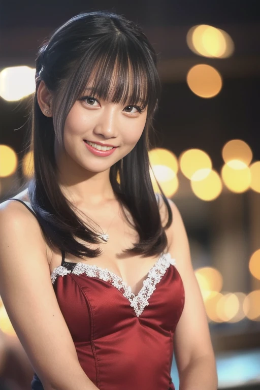 1girl,(RAW photo, best quality), (realistic, photo-realistic:1.4), masterpiece, an extremely delicate and beautiful, extremely detailed, 2k wallpaper, Amazing, finely detail, extremely detailed CG unity 8k wallpaper, ultra-detailed, highres, soft light, beautiful detailed girl, extremely detailed eyes and face, beautiful detailed nose, beautiful detailed eyes,cinematic lighting,perfect anatomy,
wearing a cabaret dress,bokeh,
(at a night downtown:1.3),looking at viewer,young japanaese idol,
(smile:1.2), <lora:hayamafuuka_lora_01:1.2>