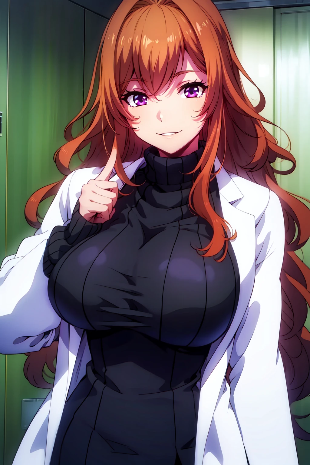 <lora:Sakusei_Byoutou__Nurses:1>,amamiya,the mad nurse,1girl,breasts,purple eyes,((wavy hair,very long hair,orange hair,bangs)),((crazy eyes,wide-eyed,large smile,child)),((looking at the viewer)),((lab coat,ribbed sweater, black turtleneck,oversized clothes,open clothes,sleeves past fingers,sleeves past wrists,long sleeves)),((indoors,hospital,bed)),cowboy shot,