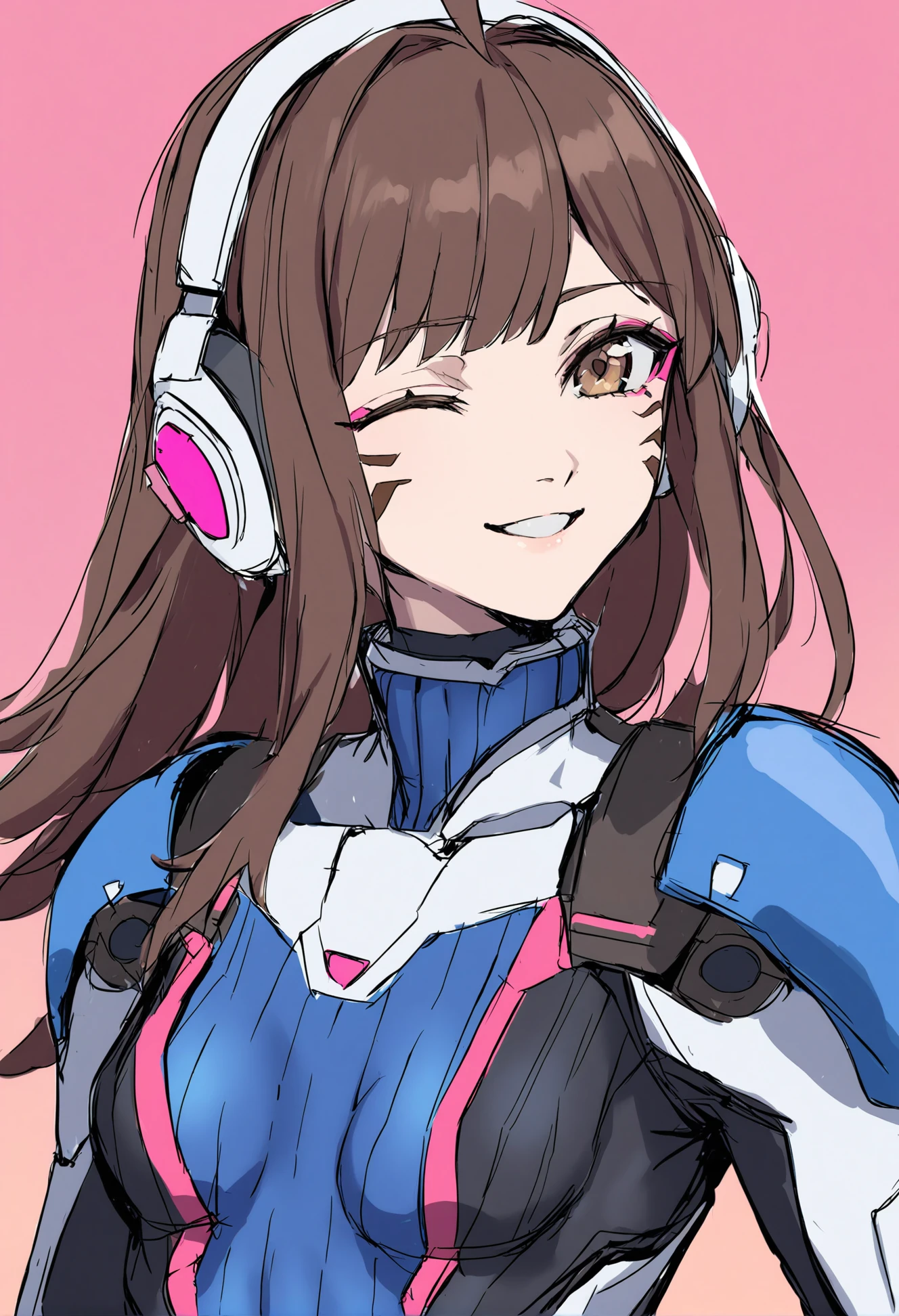 masterpiece, best quality,
1girl, d.va \(overwatch\),
solo, one eye closed, brown hair, long hair, headphones, whisker markings, facial mark, smile, bodysuit, pilot suit, looking at viewer, bangs, upper body, brown eyes, gradient background, gradient, facepaint, sketch, swept bangs, red background, high collar, parted lips, ribbed bodysuit, pink background, breasts, small breasts, shoulder pads, skin tight, white gloves, animal print, gloves, rabbit print, ahoge, ;\), heart
<lora:hakuhiruoeoeXLlokr-000056:1>