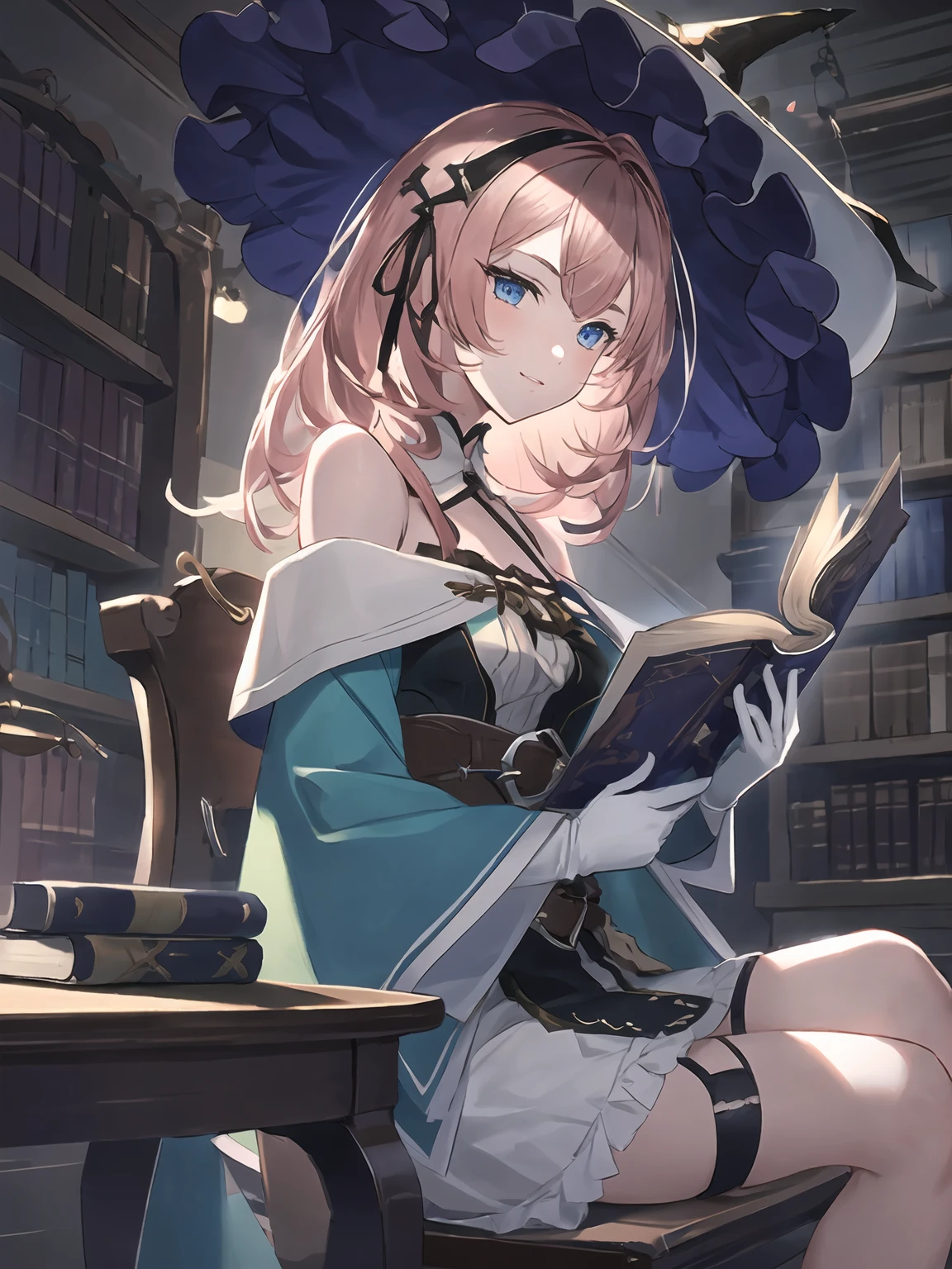 masterpiece,best quality,highres,cinematic lighting,dramatic angle,1girl,pink hair,two-tone hair,blue eyes,<lora:ShadowverseSaintTeresaV2:0.8:lbw=jiangshi3>,witch hat,hairband,hair ribbon,hair ornament,bare shoulders,capelet,bowite,halterneck,detached collar,green dress,white dress,frills,thigh strap,looking at viewer,reading book,library,belt,sidelocks,gloves,ribbon,smile,<lora:backlight_slider_v10:0.5> ,smile,sunshine,sitting,from side,turning head,desk,chair,table