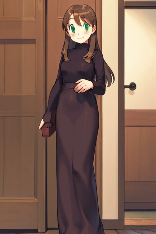 1girl, solo, brown hair, blush, smile, full body, green eyes, long hair, standing, <lora:bc5e03c9-d84c-4401-a173-def402ce1150:1.0>