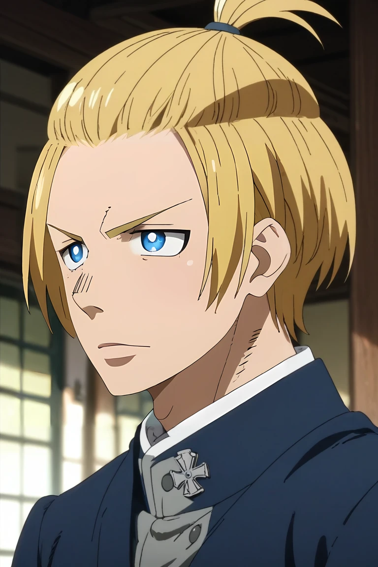 score_9, score_8_up, score_7_up, source_anime, intricate details, anime screencap, , official style, , , , 1boy, solo, male focus, <lora:arthur_boyle_pony:0.98>, arthur_boyle, blonde hair, blue eyes, short hair, bangs pinned back, topknot, , , world war 1, , <lora:sdxl_lightning_8step_lora:1>