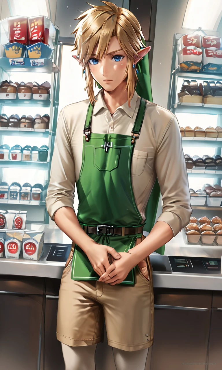 score_9, score_8_up, score_7_up, score_6_up, score_5_up, score_4_up, BREAK  1boy, Link from hyrule, convenience store uniform, beige shirt, cargo shorts, apron, convenience store,
sakimi style
<lora:sakimi_style_ponyXL_v1:.9>