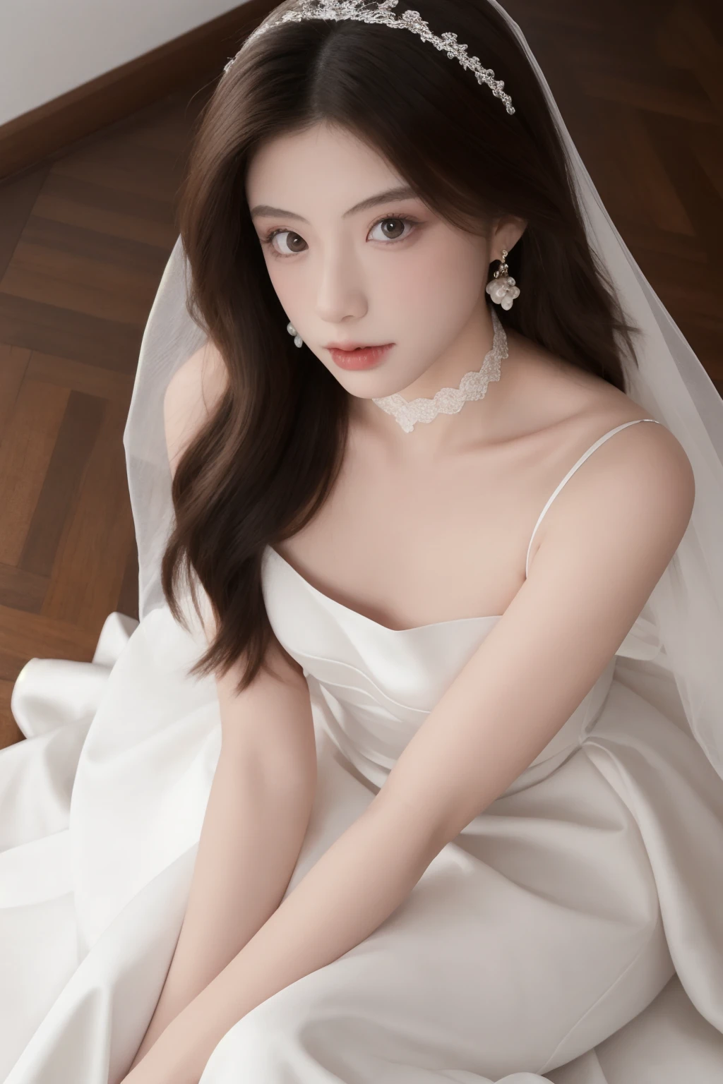 1girl, high quality, looking at viewer,  wedding dress, bridal veil, earrings, waist apron, choker, lace trim, blush,sitting on floor, 
from above, 
<lora:ip-adapter-faceid-plusv2_sd15_lora:0.6>  <lora:hjmy_v6-000008:0.55>