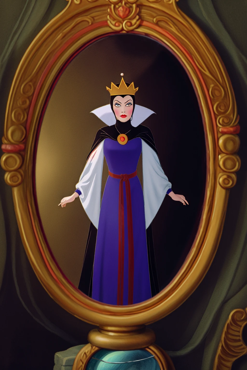 (sharp, 4k, masterpiece)
<lora:Queen-V2_HH:0.8> qu33n_gr1mh,(disney style drawing with lines),1girl, woman,face, looking at viewer, <lora:DisneyRenV2:-0.00>, standing in front of round magic mirror