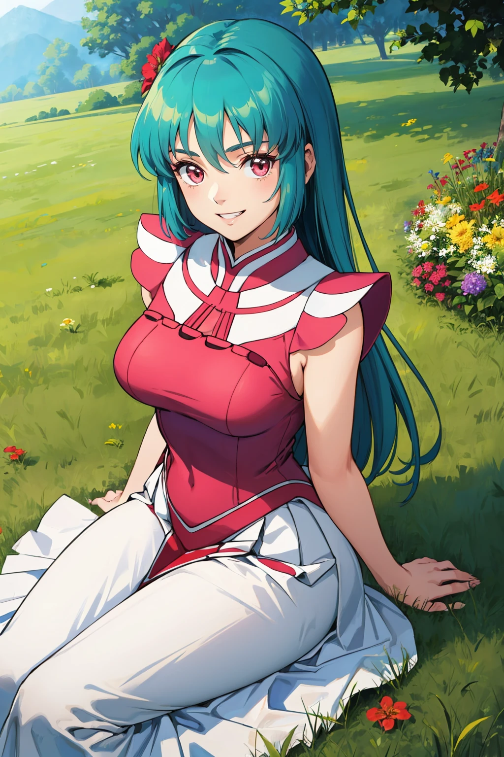 masterpiece, best quality, 1girl  <lora:cielalapana-nvwls-v1-000009:0.9> clapana, green hair, pink dress, sleeveless, white skirt, sitting on ground, grass, flowers, red shoes, looking at viewer, grin