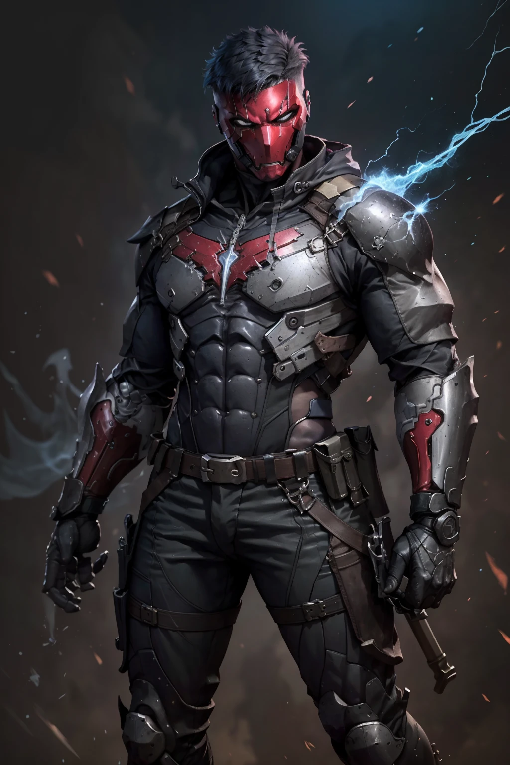 an accurate and detailed full-body shot of a male superhero character named Wraith, tall and lean bulid, (Crimson half-mask:1.3), exposed cybernetic red eye, grafted cybernetic jawline, (Spiky white fringe hair:1.2), (choppy black undercut hairstyle:1.3), (Skintight black ninja-tech suit with crimson energized circuitry:1.1), (electric blue biker jacket:1.1), asymmetric collar, rolled sleeves, Gunmetal armor plates on shoulders, chest emblem, (Fitted burgundy leather moto-pants), (blue-gray armorized cargo panels), Knee guards, armored greaves, black combat boots, cyberized gunmetal strike gauntlet, Holsters, sheaths, tech-utility pouches, holding an obsidian high-frequency katana, masterpiece, high quality, 4K, raidenmgr, nero, rhdc, a man, red helment, brown leather jacket, gray skintight suit, gloves, belt, boots<lora:EMS-75483-EMS:0.400000>, <lora:EMS-14003-EMS:0.500000>, <lora:EMS-311133-EMS:0.500000>