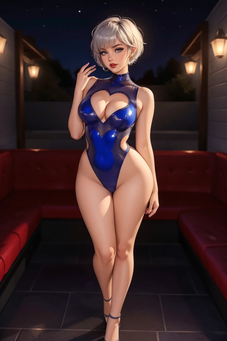 (Medium long shot:1.1), (princess carry:1.1),(full body photo:1.3), adult woman, curvy, (Layered Pixie Cut:1.3), smirk, seductive, (gray eyes:1.1), wearing hud_rd_leotrd, shiny blue leotard, clothing cutout, cleavage cutout, heart cutout, hoop earrings, <lora:Red_Shiny_Heart_Cutout_Highleg_Leotard-000008:0.75>, makeup, pouty red lips, detailed skin texture, (blush:0.5), (goosebumps:0.5), subsurface scattering, cinematic