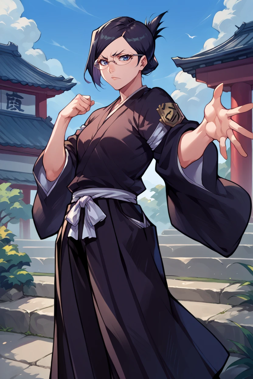 score_9, score_8_up, score_7_up, score_6_up, source_anime, BREAK 1girl, solo, <lora:isenanao-pdxl-nvwls-v1-000006:1> ise nanao, folded ponytail, glasses, black robes, sash, black skirt, hakama skirt, serious, outstretched arm, hand on hip, looking at you, japanese architecture, outdoors