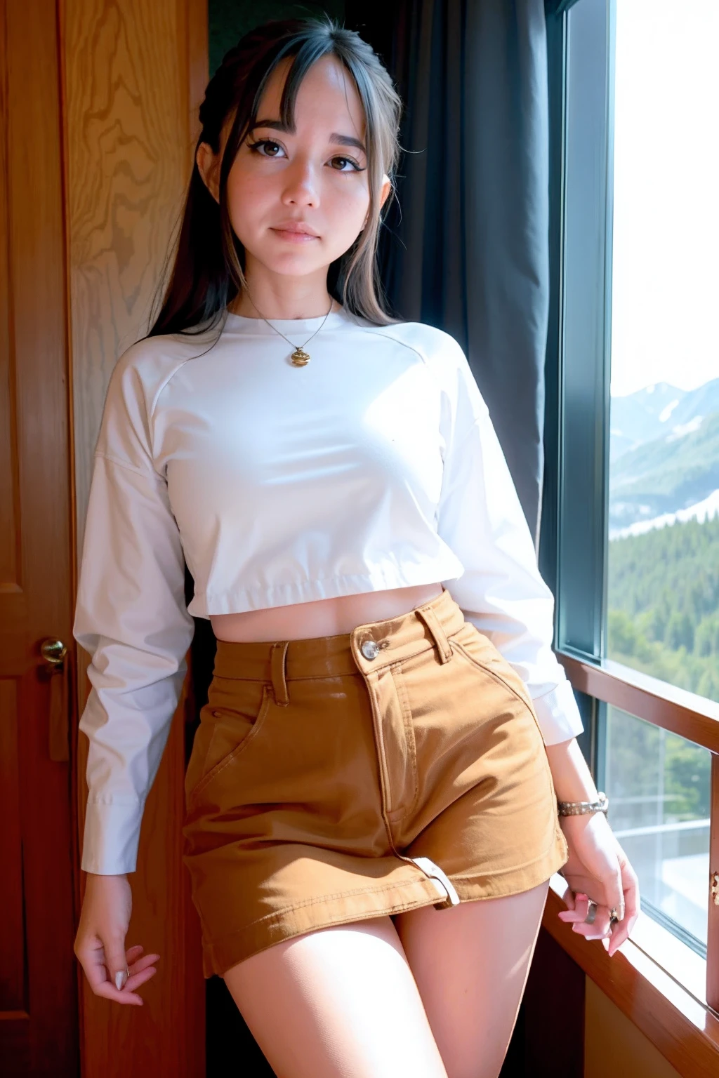 HigaMaya,a woman wearing mini skirt, luxury hotel suite, alpine pass <lora:HigaMaya:1>
