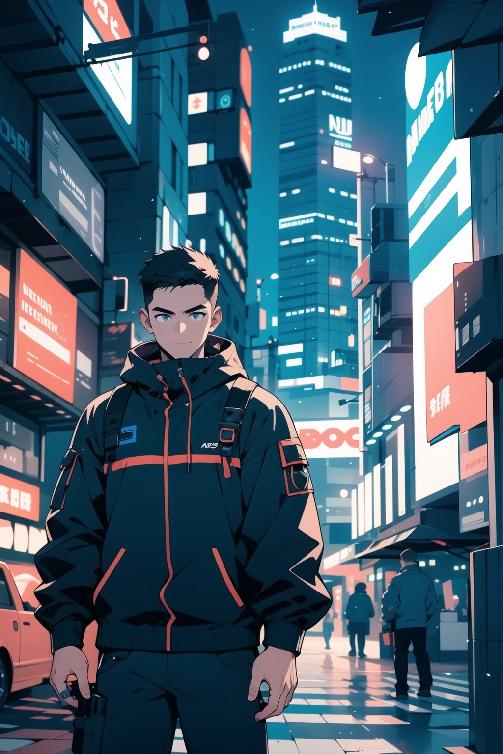 1 boy,Male focus,neon,sci-fi,urban setting,city,cyberpunk,Glow,