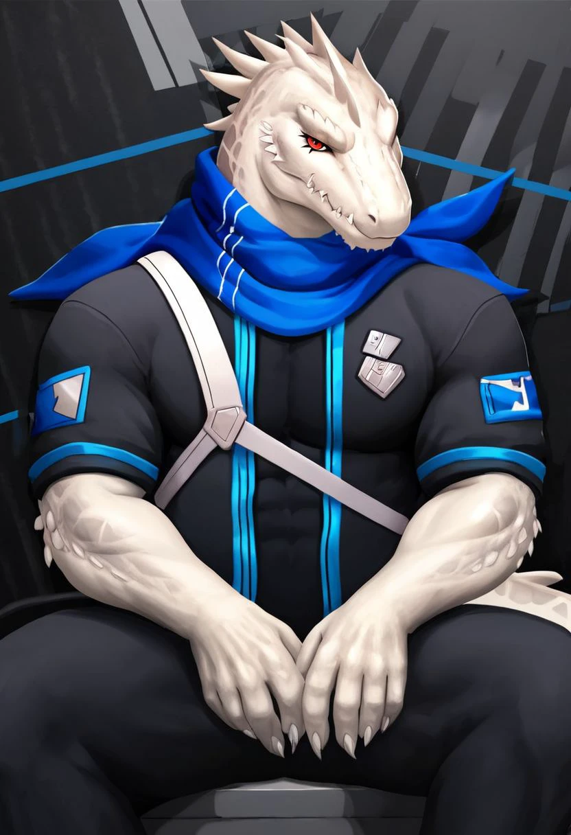 rating_explicit,best 
quality,masterpiece,(best face),best head,extremely detailed,Rangers,white_lizard,red eyes,blue scarf,blue and black clothes,claws,(detailed background:1.1),sitting