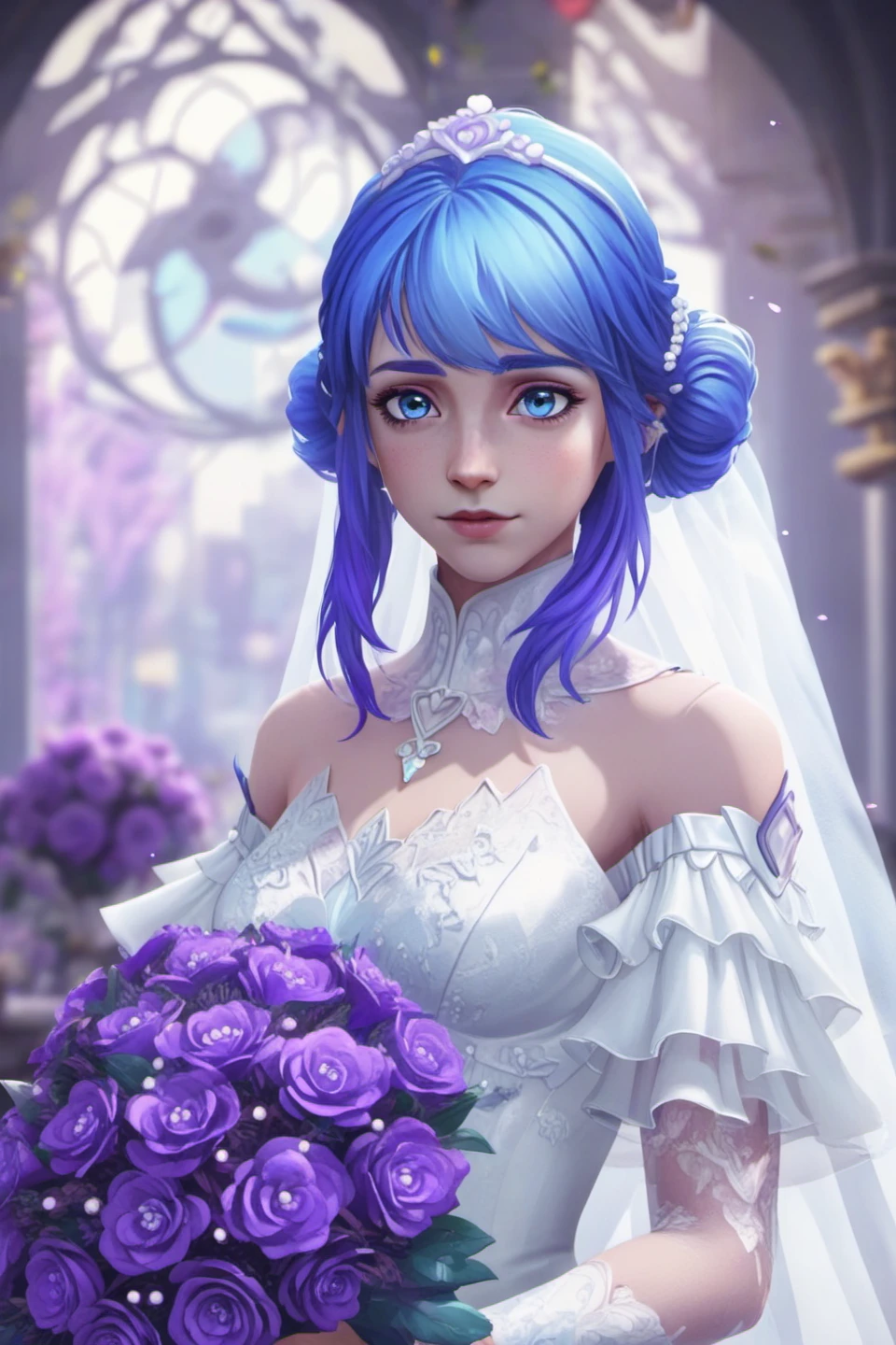 game concept art, 1girl, holding purple bouquet with two hands, looking at viewer, blurry background, upper body, blue hair, blue eyes, white wedding dress, realistic lighting, detail shading