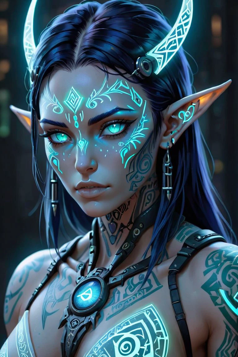 photo of a cyberpunk barbarian Battlecore woman with glowing opalescent third eye, highly detailed glowing Elvish runes tattooed to the irises, glowing Elvish, Stealth Skin, runes on cheeks, runes on jaw line, runes on ears, runes on forehead,