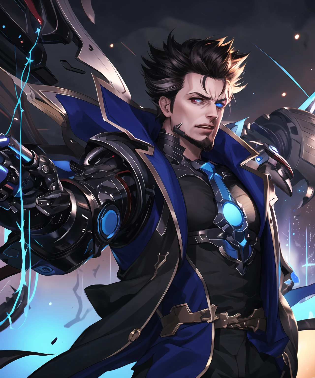 masterpiece,best quality,highres,cinematic lighting,dramatic angle,1boy,<lora:ShadowverseBelphometV3:0.8>,heterochromia, red eyes,blue eyes,black hair,pointy hair,blue jacket,belt,black suit,necktie,,mechanical arms,mechanical parts,mechanical tentacles,wire,electricity,open mouth,teeth,angry,looking at viewer,glowing particles,<lora:flat2:-0.5> ,<lora:add_detail:0.2>