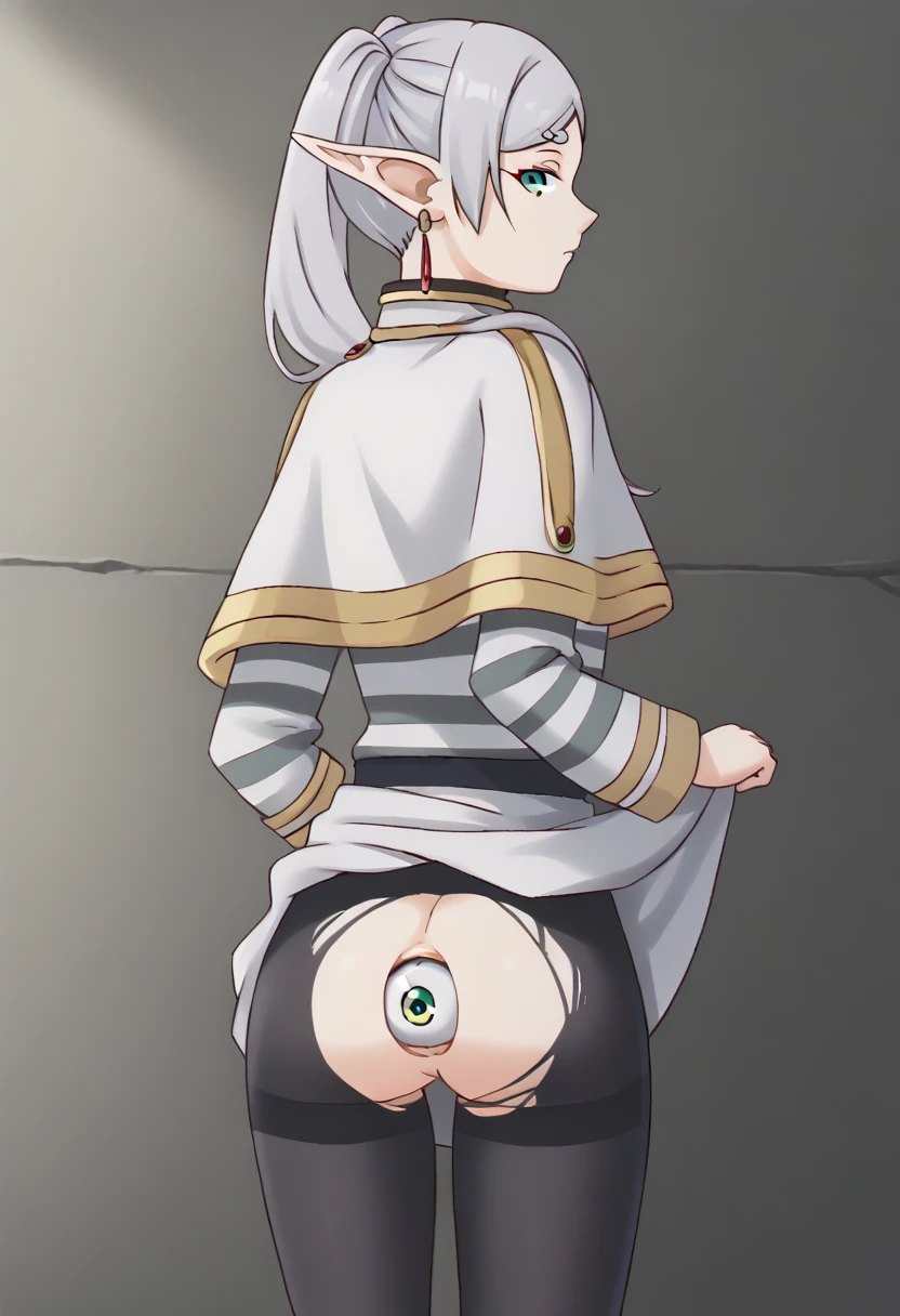 1girl, solo, , looking back, <lora:eyeball_in_ass:1> eyeball in  <lora:frieren-ponyxl-lora-nochekaiser:1> frieren, long hair, twintails, green eyes, grey hair, pointy ears, elf, || shirt, long sleeves, jewelry, pantyhose, earrings, striped, black pantyhose, capelet, striped shirt, skirt, white skirt, skirt lift, torn pantyhose