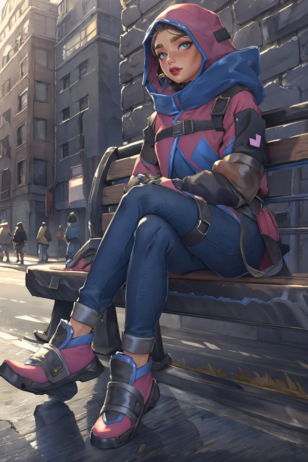 <lora:Wattson_Missing_Lynx_v1:0.8>, sitting street bench, wattson, gloves, black hair, jacket, looking at viewer, hood, full body, pants, sneakers, hood up, scar on cheek