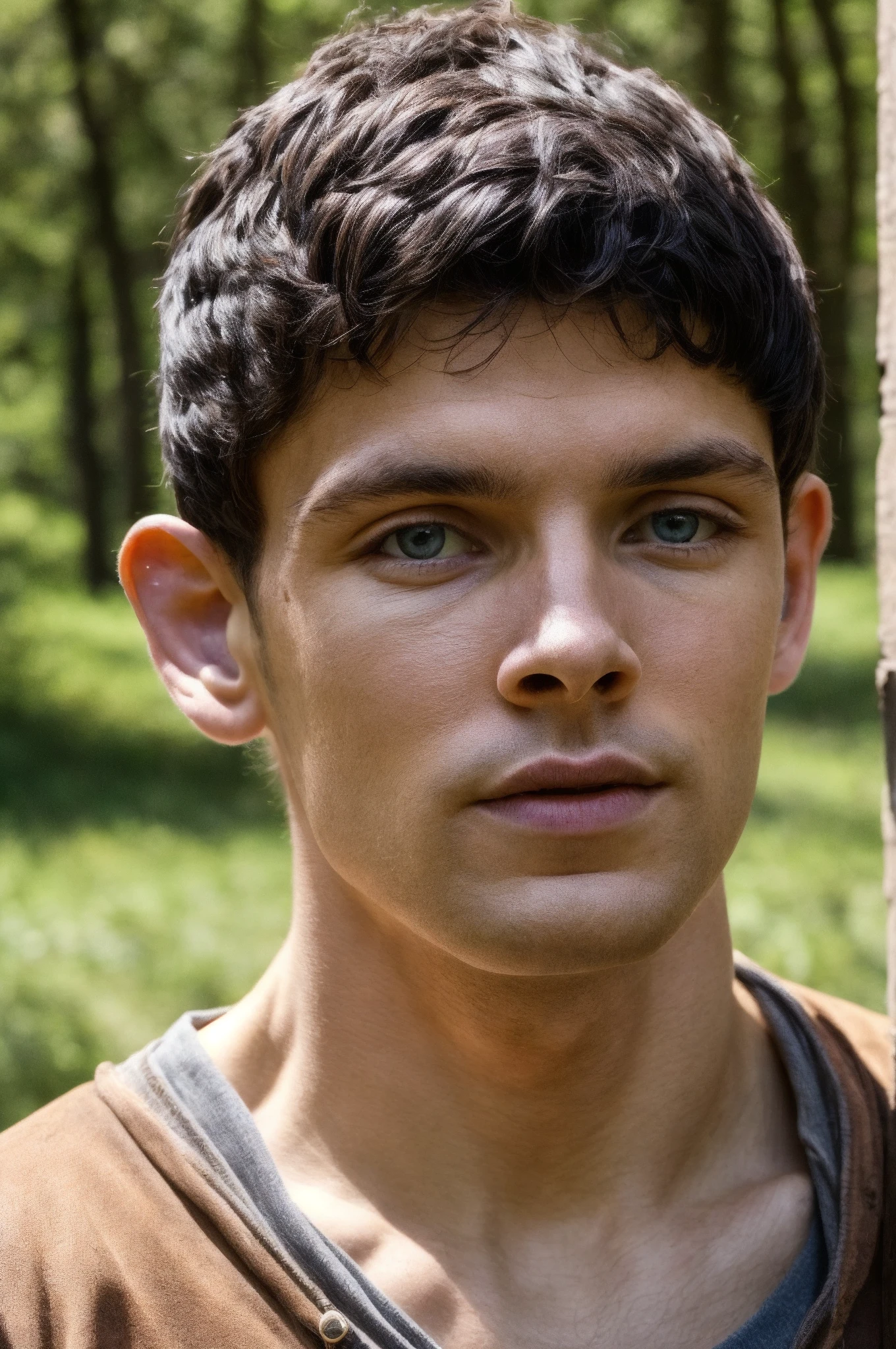 solo, highest resolution highly detailed photograph. face shot, portrait, looking at viewer, short hair, Merlin, outside, in sun