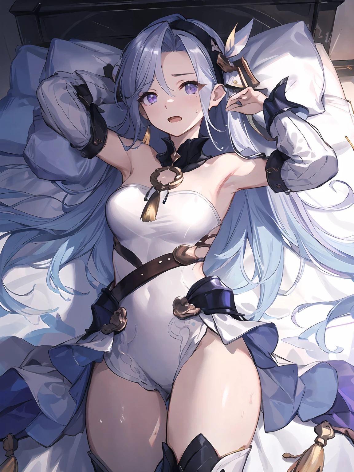 (MASTERPIECE), (Best Quality), (Ultra Detail), Official Art, One Girl, Silver-haired Loli, Petite Little Girl, White and Gold Swimsuit, Off Shoulder, Small, Small, Small, Cleavage, Underboob, Thigh Focus, Navel Out, Card Illustration, Beach