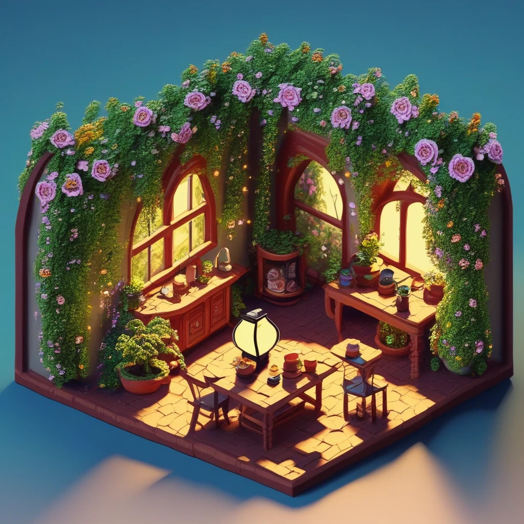 ispzxll, no humans, plant, scenery, potted plant, chair, flower pot, window, lantern, flower, isometric, miniature, diorama