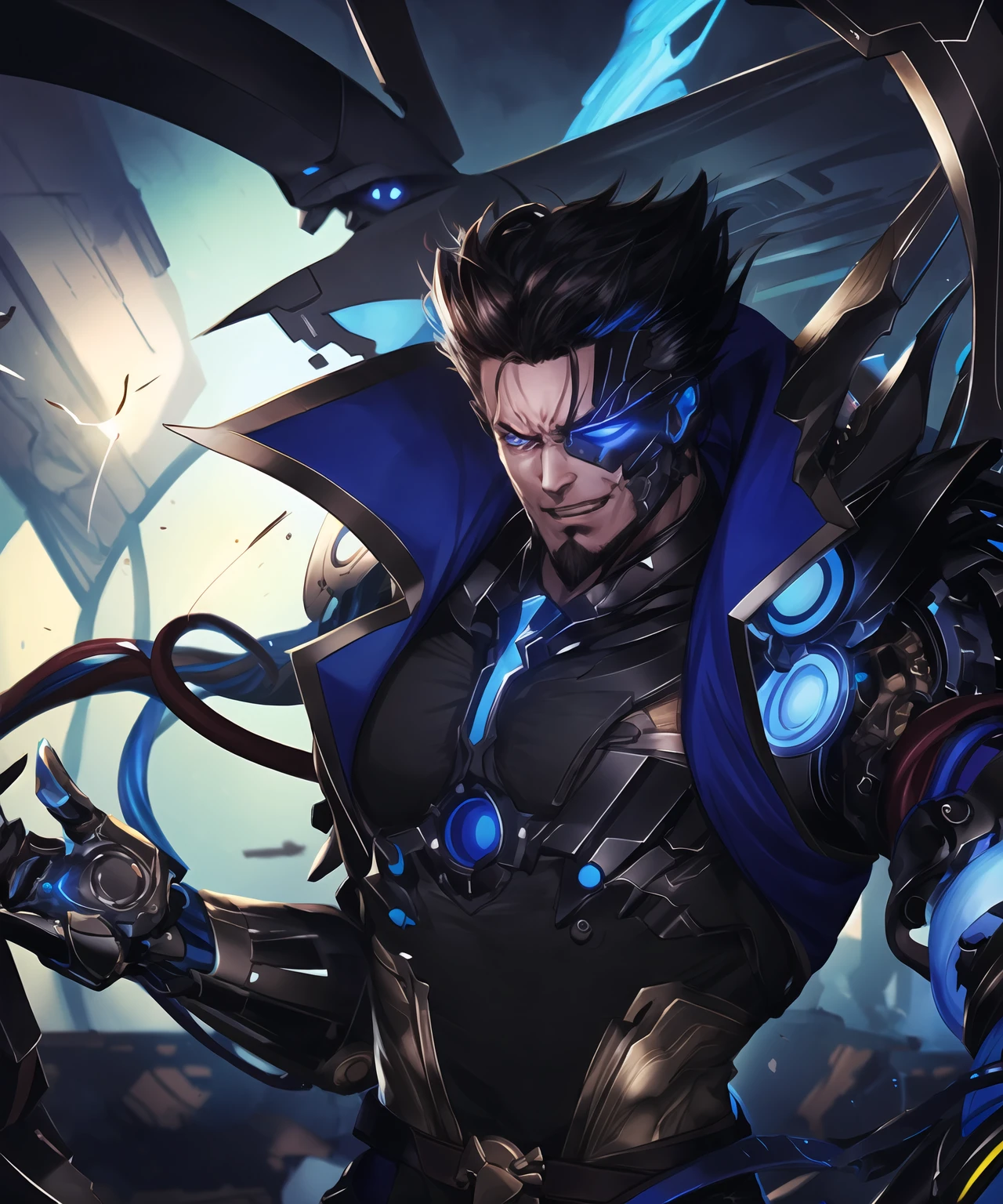 masterpiece,best quality,highres,cinematic lighting,dramatic angle,1boy,<lora:ShadowverseBelphometV3:0.8>,heterochromia, red eyes,blue eyes,black hair,pointy hair,blue jacket,belt,black suit,necktie,,mechanical arms,mechanical parts,mechanical tentacles,wire,electricity,evil smile,teeth,angry,looking at viewer,glowing particles,<lora:flat2:-0.5> ,<lora:add_detail:0.2> ,cyborg,depth of field,magic,circlet,<lora:backlight_slider_v10:-1>,shaded face,glowing eyes,