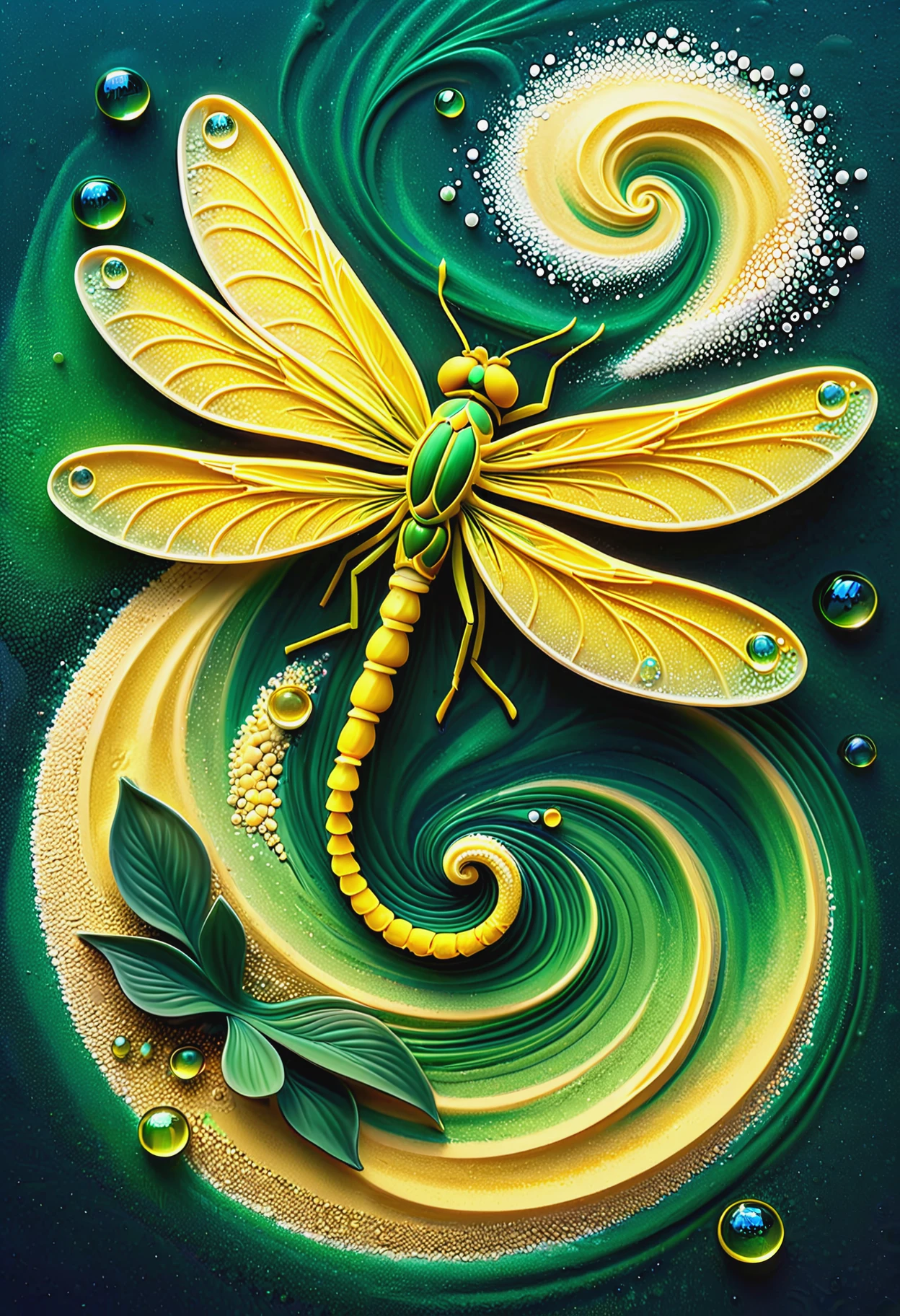 a dragonfly made of yellow  swirling sand, green lilypad, lake, bubbles, detailed,, (masterpiece, high detail, best quality), realistic, fantasy