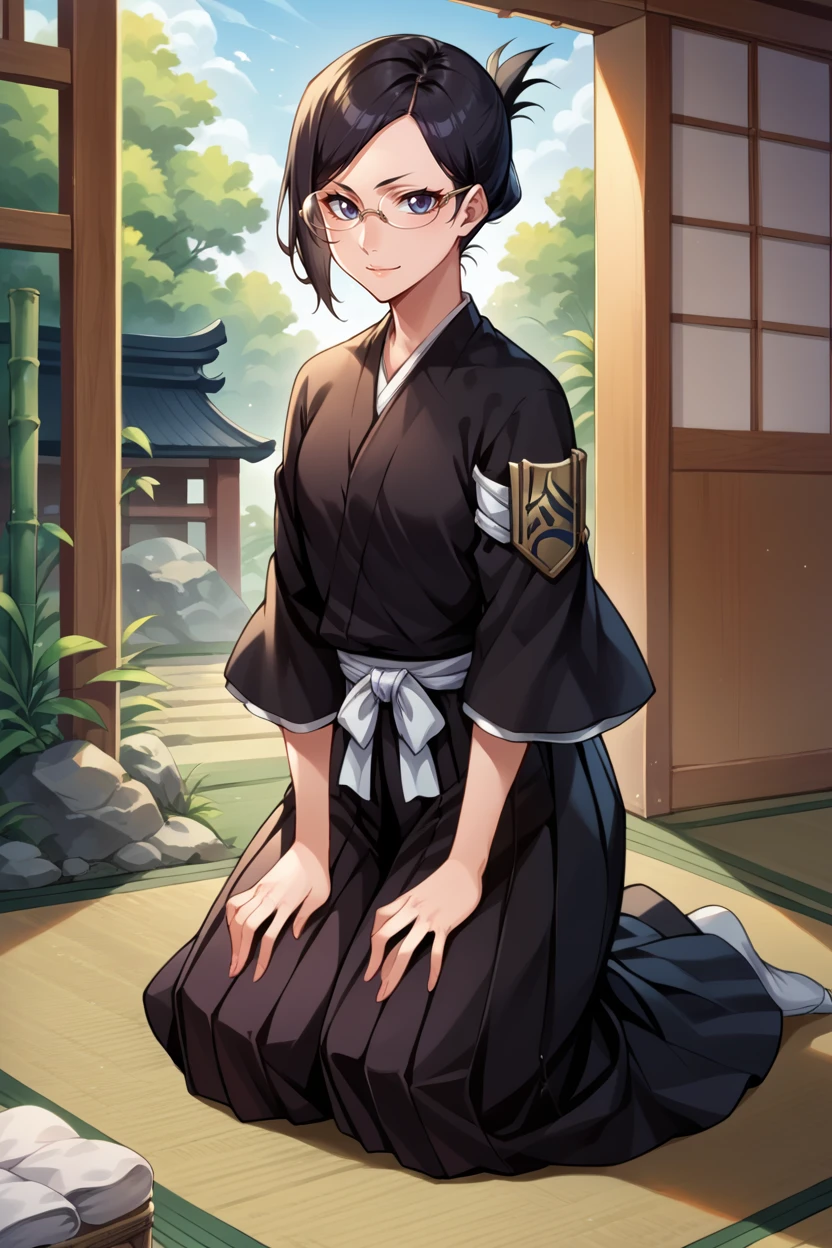 score_9, score_8_up, score_7_up, score_6_up, source_anime, BREAK 1girl, solo, <lora:isenanao-pdxl-nvwls-v1-000006:1> ise nanao, folded ponytail, glasses, black robes, sash, black skirt, hakama skirt, armband, kneeling, seiza, indoors, bamboo mat, japanese house, looking at you, light smile, hands on own legs, long skirt