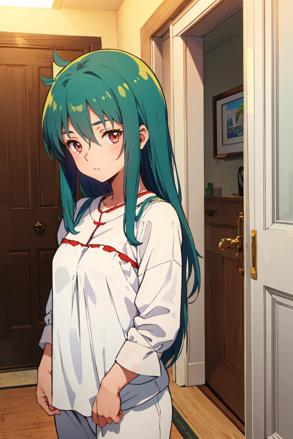 masterpiece, best quality, 1girl <lora:cielalapana-nvwls-v1-000009:0.9> clapana, green hair, white pajamas, loose clothes, bedroom, doorway, sleepy, looking at viewer