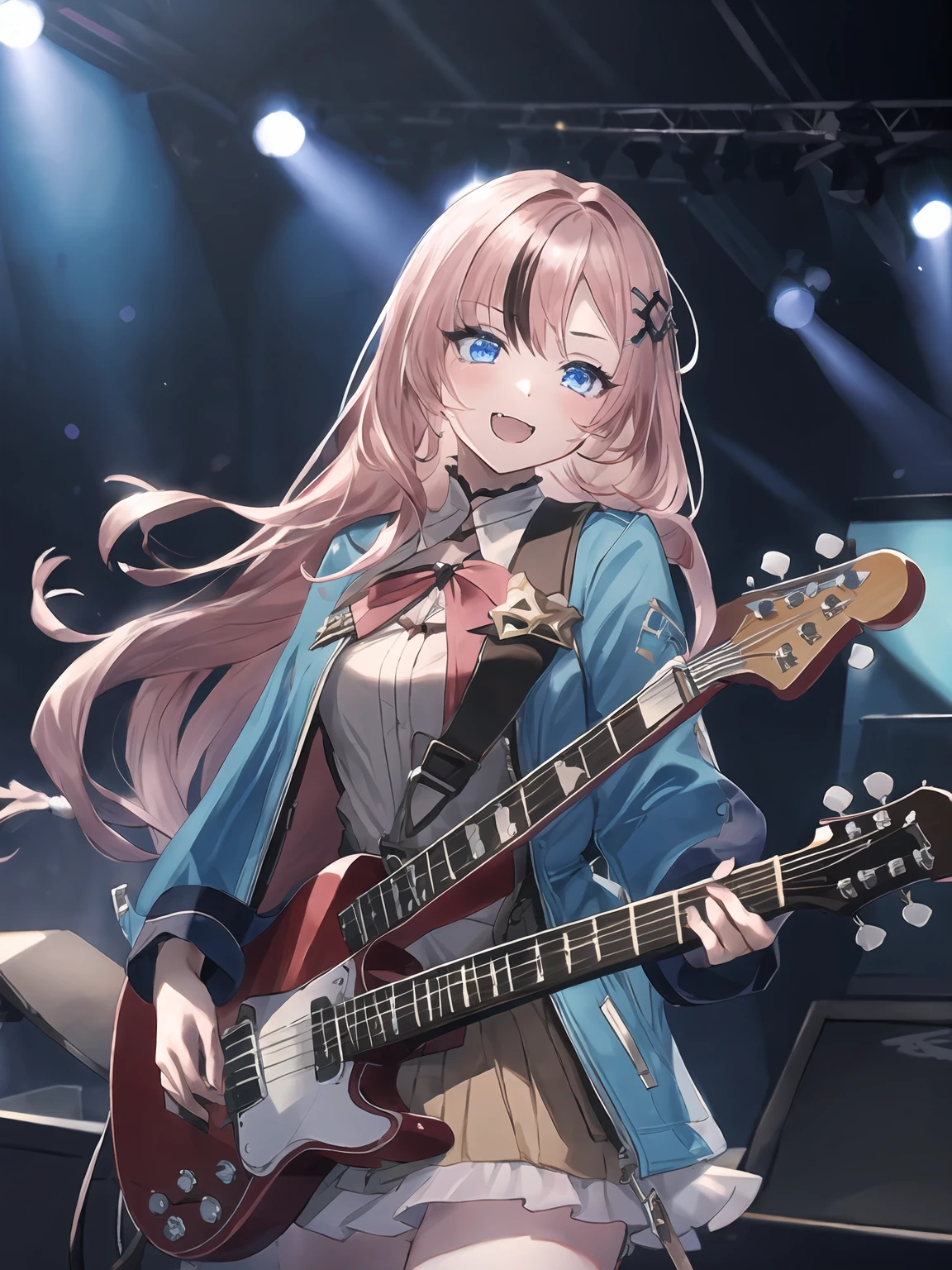 masterpiece,best quality,highres,cinematic lighting,dramatic angle,1girl,pink hair,two-tone hair,blue eyes,<lora:ShadowverseSaintTeresaV2:0.8:lbw=jiangshi3>,hair ornament,long hair,concert,looking at viewer,stage,highlights,<lora:flat2:-0.25> ,holding guitar,long hair,chisato anon,blue jacket,white shirt,sarong,skirt,belt,fang,:d,playing guitar,dynamic angle,bang dream!, bang dream!it's mygo