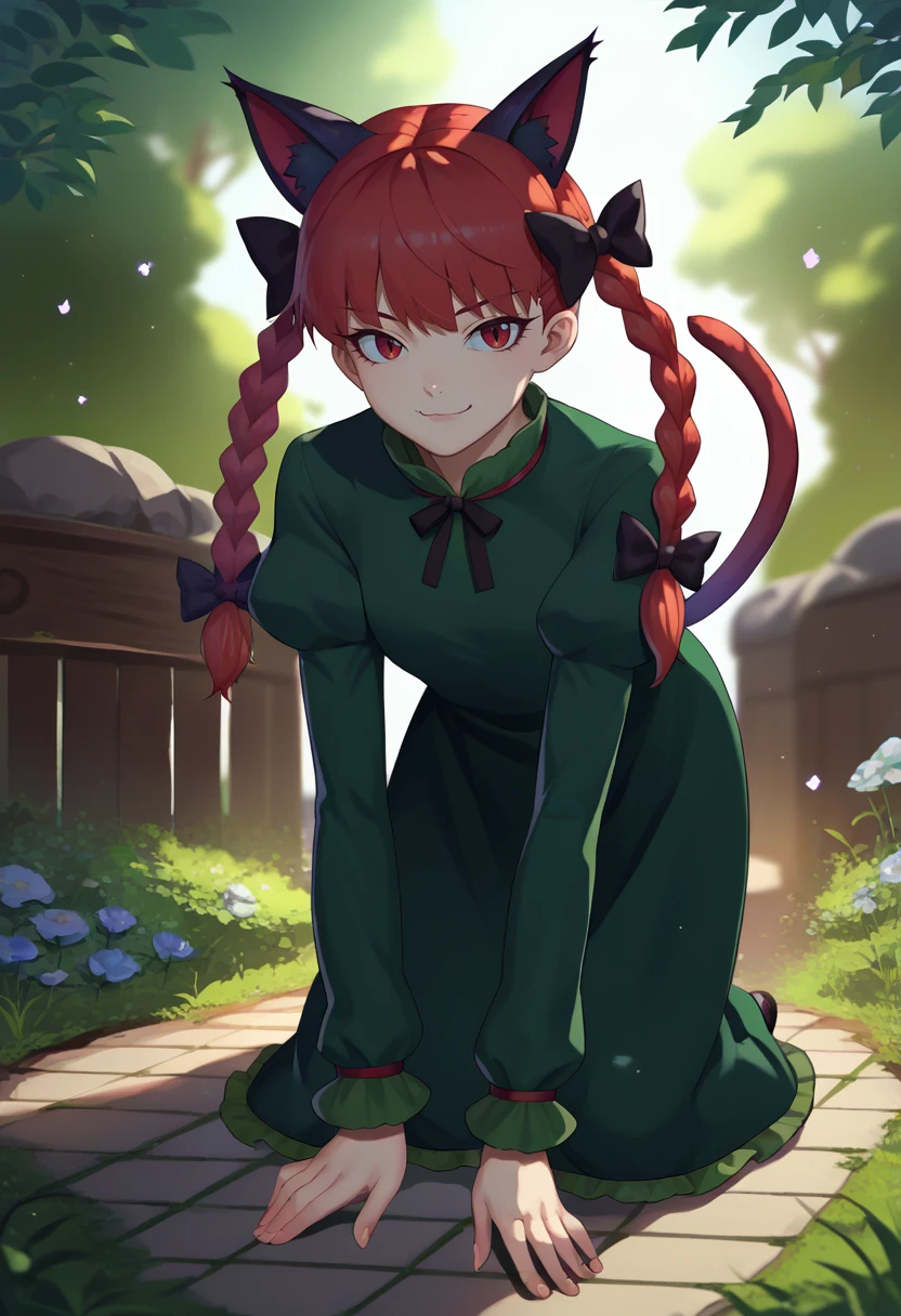 score_9, score_8_up, score_7_up, source_anime, solo, 1girl, kaenbyou rin, smile, looking at viewer, all fours, twin braids, hair bow, black bow, animal ears, green dress, long sleeves, puffy sleeves, cat tail, multiple tails, outdoors <lora:touhou_kaenbyou_ponyXL:1>