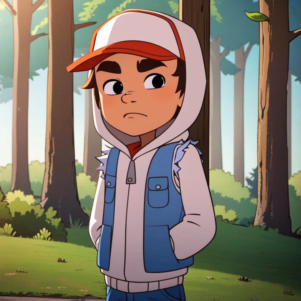 solo,  1boy, Jake, short hair, brown hair,  thick eyebrows, black eyes,  red white cap,   jacket,  hood up, blue vest, white hoodie, <lora:Jake_SubwaySurfers_Leaf2:0.8>  , cowboy shot,  forest, looking at viewer,