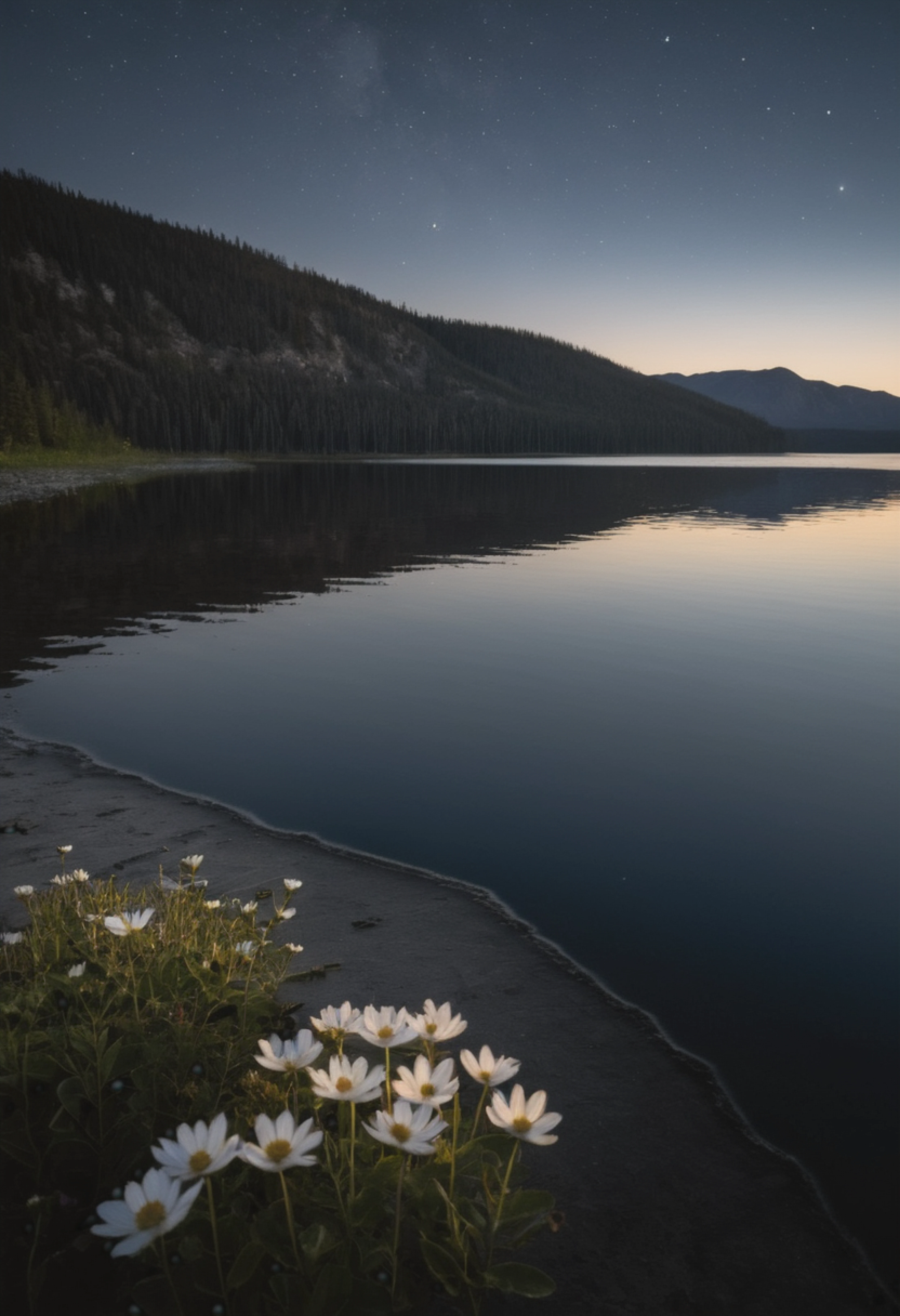 (Dark shadows, natural lighting:1.8) As night falls over a tranquil lake, moonlight casts long shadows across the water's surface, where a single wildflower blooms on the shore, its delicate beauty highlighted by the soft glow of the night sky.