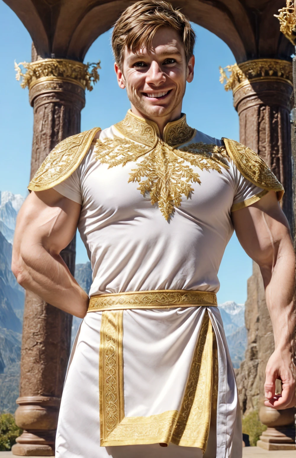 (face focus). (close up shot:0.9), <lora:BulkedUpAIR1.5:0.5>, (masculine:1.4), muscles:0.5,((short hair)), at outdoor fantasy landscape, (wearing white and gold elaborate fantasy tunic:1.3), (wearing elaborate fantasy pants:1.2), sexy pose:1.0, confident, handsome, (((masterpiece))), (((best quality))), <lora:more_details:0.5>, (hands on waist), male, athletic, looking at viewer, smile, sexy pose:1.5, DomNob, <lora:DomNob (10):1>