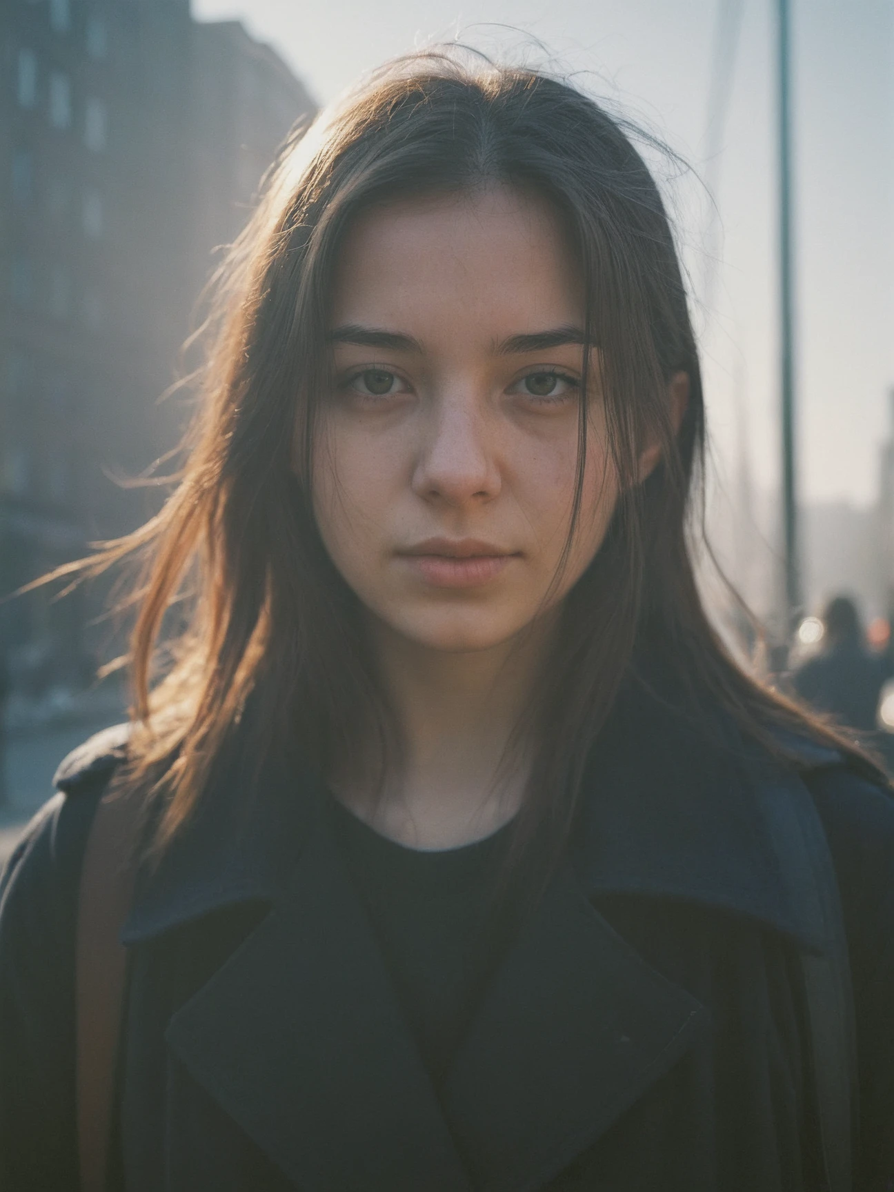 photography, city street, closeup portrait photo of young woman in dark clothes, sunny, daylight, fog, Fujifilm XT3, Canon R5, Fujicolor Fujichrome Velvia 100