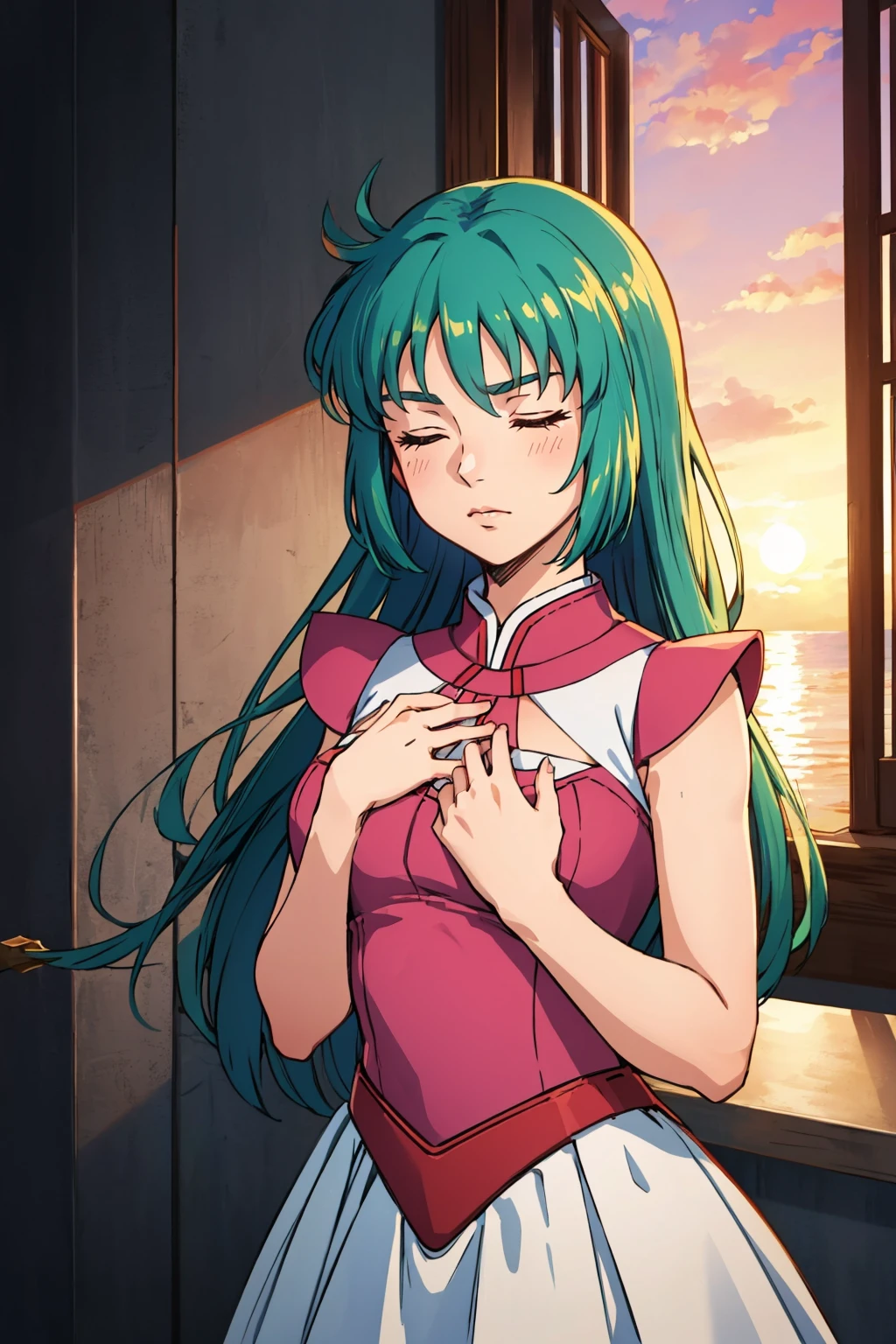 masterpiece, best quality, 1girl  <lora:cielalapana-nvwls-v1-000009:0.9> clapana, green hair, pink dress, sleeveless, white skirt, closed eyes, serious, hand to own chest, upper body, sunset