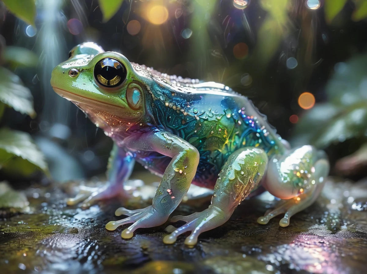 comic ethereal fantasy concept art of macro photo,a beautiful translucent glass frog that glows within,glowing lights,beautiful waterfall,made out of transparent delicate glass,magical sparkles,vibrant whimsical colors . magnificent, celestial, ethereal, painterly, epic, majestic, magical, fantasy art, cover art, dreamy . graphic illustration, comic art, graphic novel art, vibrant, highly detailed