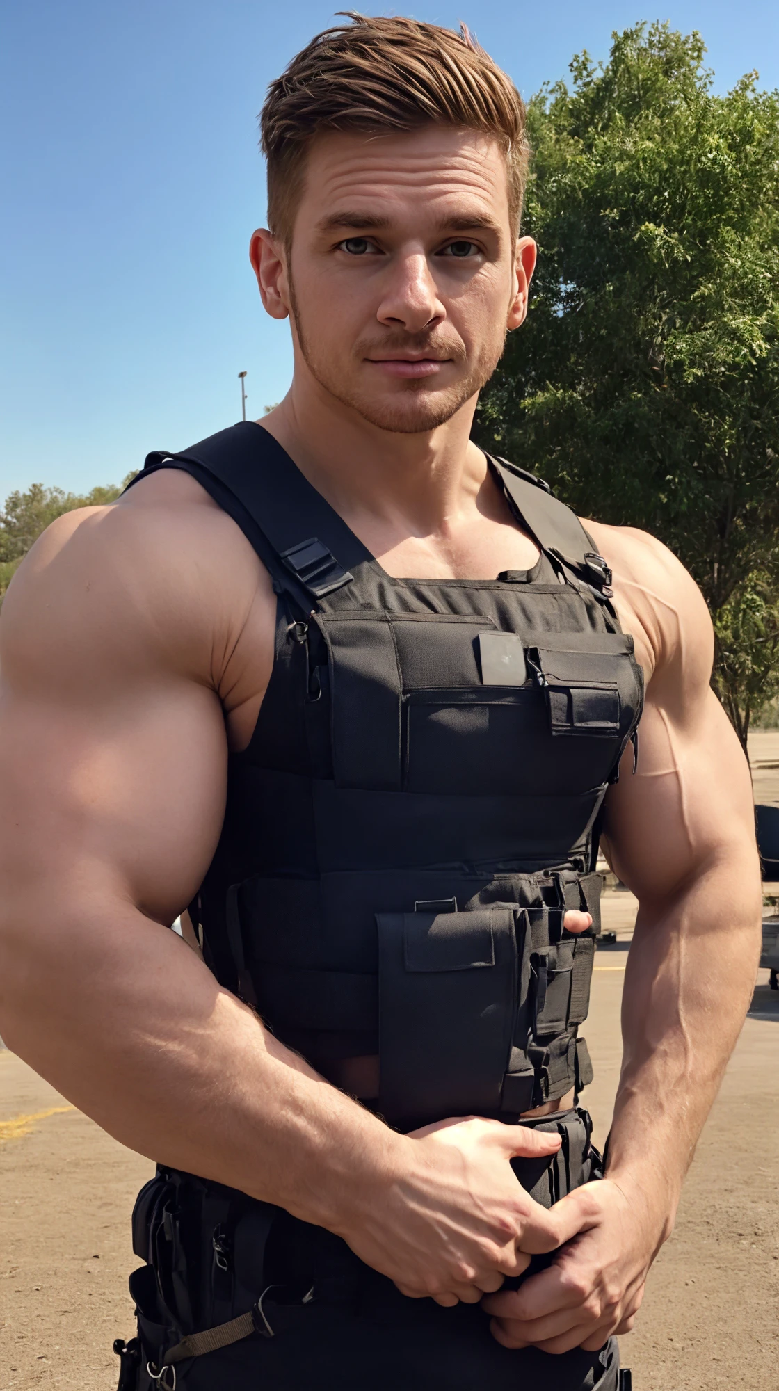 <lora:BulkedUpAIR1.5:0.2>, handsome face, (close up shot:0.7), at outdoor military base, sweaty:1.2, , wearing military shorts, (wearing open SWAT vest:1.1), confident, handsome, (((masterpiece))), (((best quality))), <lora:more_details:0.1>, large pectorals, big muscles:0.5, ((hands on waist), (short hair), male, lower color saturation:1, lower contract color:1, DomNob, <lora:DomNob (2):1>