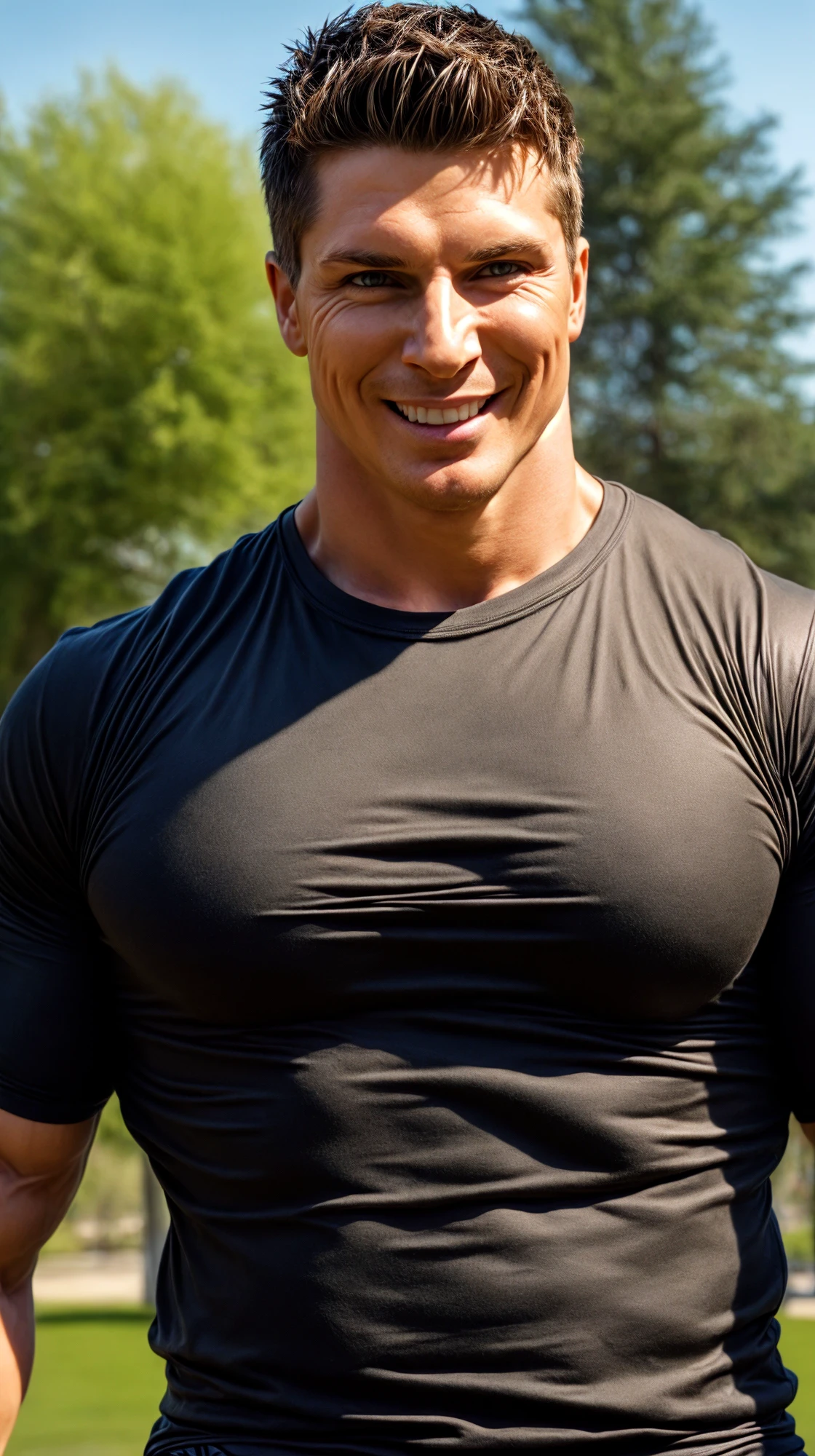 An award-winning original photo,A wild muscular man, (40 years old daddy:1.1), 1boy, Solo, (tanktop), (big shoulders), musculature, stubbles, Short beard, Detailed face, wearing glasses, (smilling cutely), (flexing his biceps), Dynamic Angle, volumetric lighting, (Best quality, A high resolution, Photorealistic), Cinematic lighting, Masterpiece, RAW photo, Intricate details, hdr, upper body shot, George Pei,