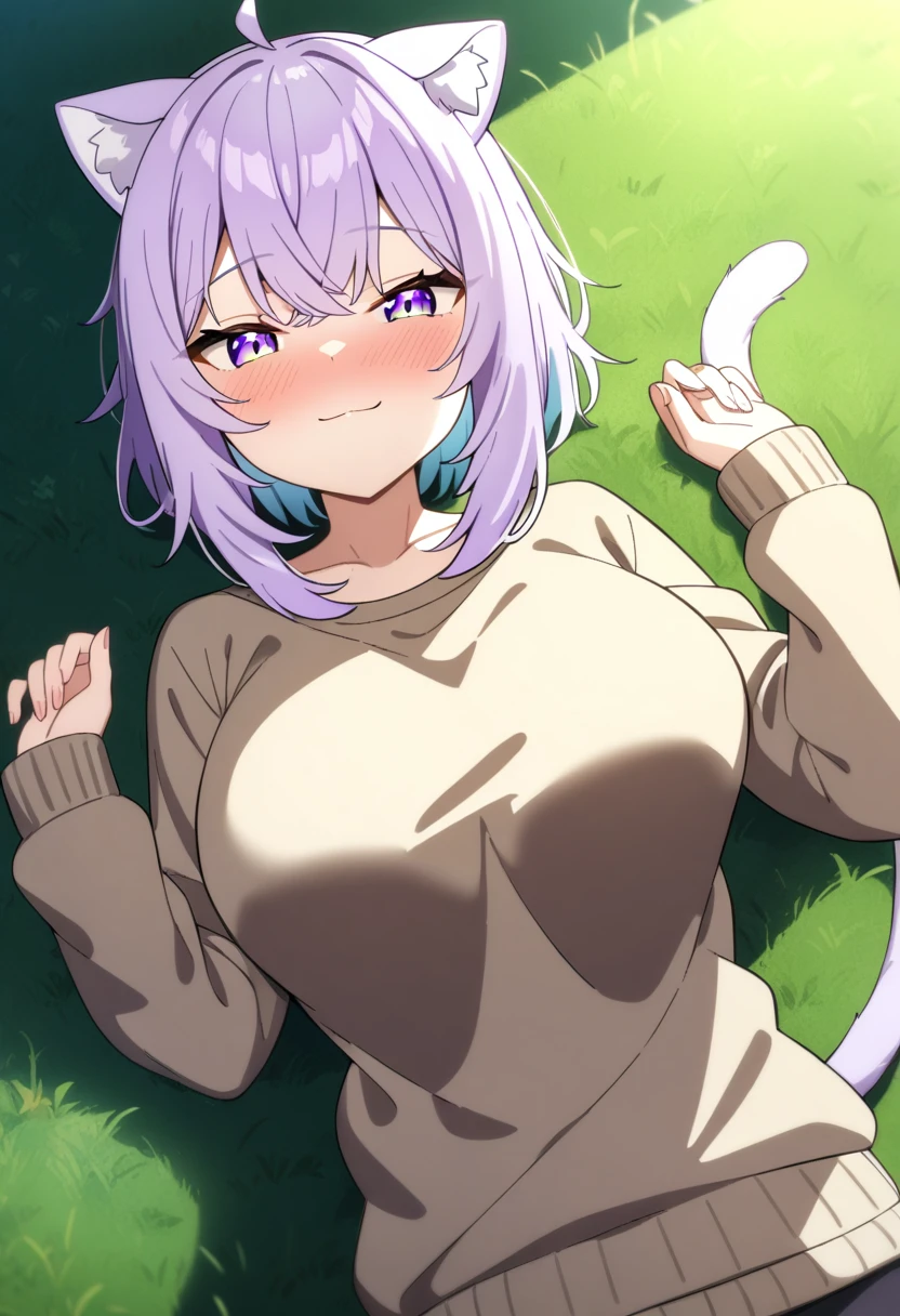 1girl, solo, nekomata okayu, hololive, anime coloring,
short hair, purple hair, purple eyes, seductive smile, nose blush, sweater, cat ears, gradient eyes, large breasts, cat tail,
field, on back, on grass,
masterpiece, best quality, very aesthetic, absurdres,