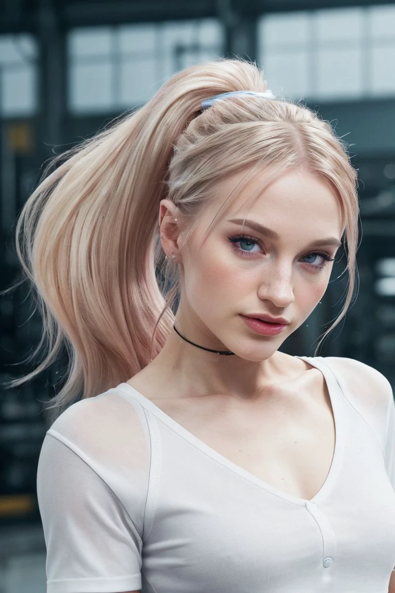 headshot of S390_SageRabbit,a stunning woman,in a (factory:1.1),wearing a (shirt:1.1),(ponytail),(4k, RAW photo, best quality, 50mm, depth of field, ultra high res:1.1),(intricate, photorealistic, cinematic-shot, masterpiece, ultra-detailed:1.1),