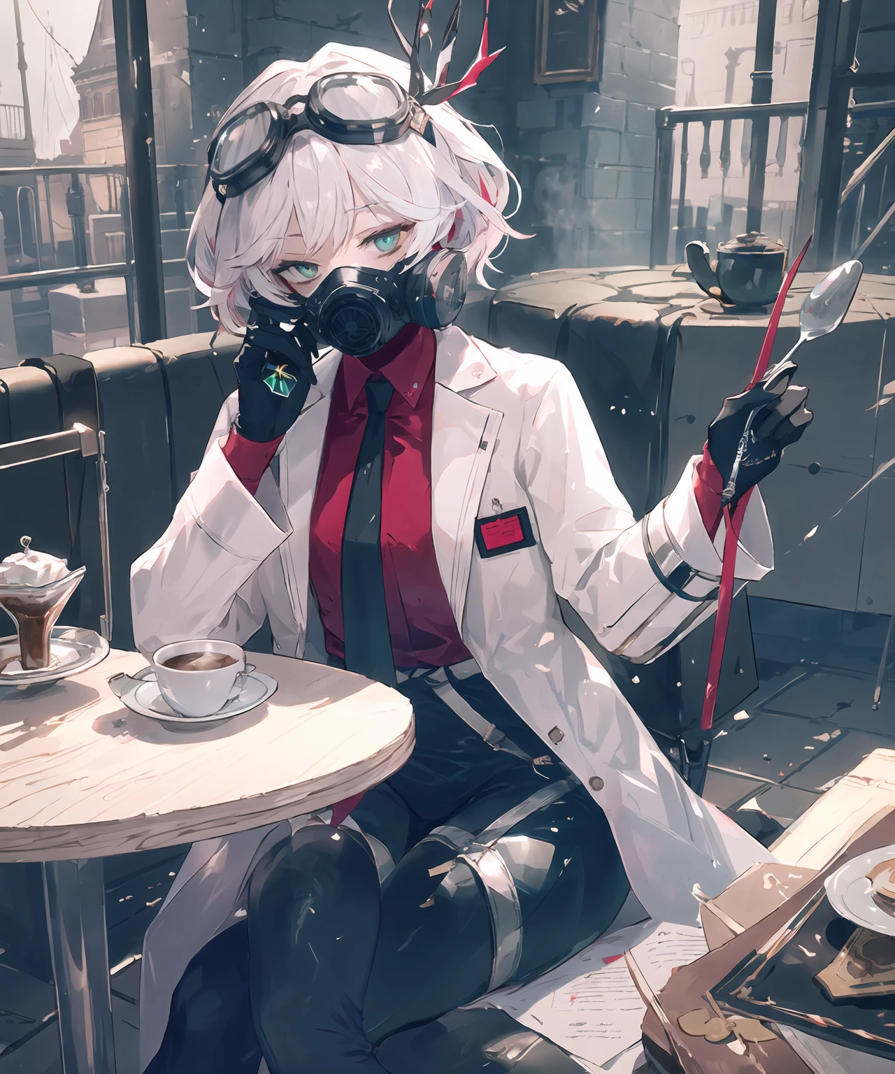 masterpiece,best quality,highres,cinematic lighting,dramatic angle,1girl,<lora:ShadowverseSephieV1:0.8:lbw=jiangshi3>,white hair,green eyes,hair ornament,goggles,(mask,mouth mask:1.1),white lab coat,red shirt,black necktie,black leather pants,necktie,depth of field,table,coffee,spoon,sitting,legs crossed,looking at viewer,turning head,afternoon tea,gloves,across table,holding sugar cube,arm support,cube sugar,close-up
