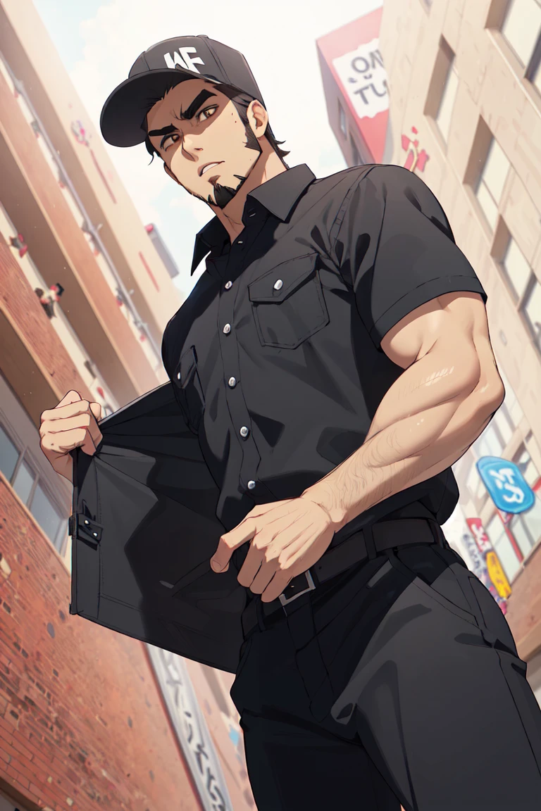 solo male, Memory T Cell\(Cells at Work\), tan skin, brown eyes, intense eyes, angled eyebrows, facial hair, goatee, sideburns, black uniform, black collared shirt, undressing, pecs, abs, black pants, (wearing cap, black cap), boots, mature, handsome, charming, alluring, fit, silm, slender, standing, upper body, perfect anatomy, perfect proportions, best quality, masterpiece, high_resolution, dutch angle, cowboy shot, photo background, perfect eyes<lora:EMS-354753-EMS:0.800000>