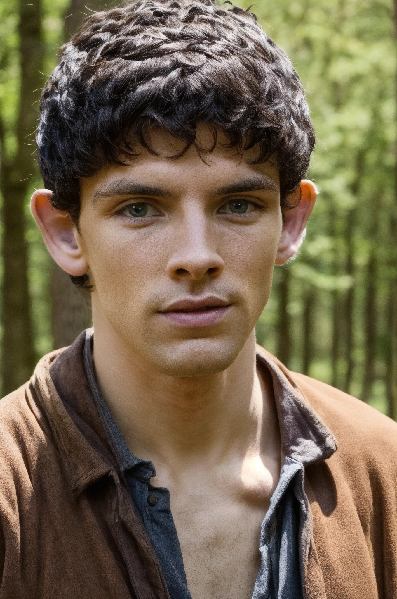 solo, highest resolution highly detailed photograph. face shot, portrait, looking at viewer, short hair, Merlin, outside, in sun